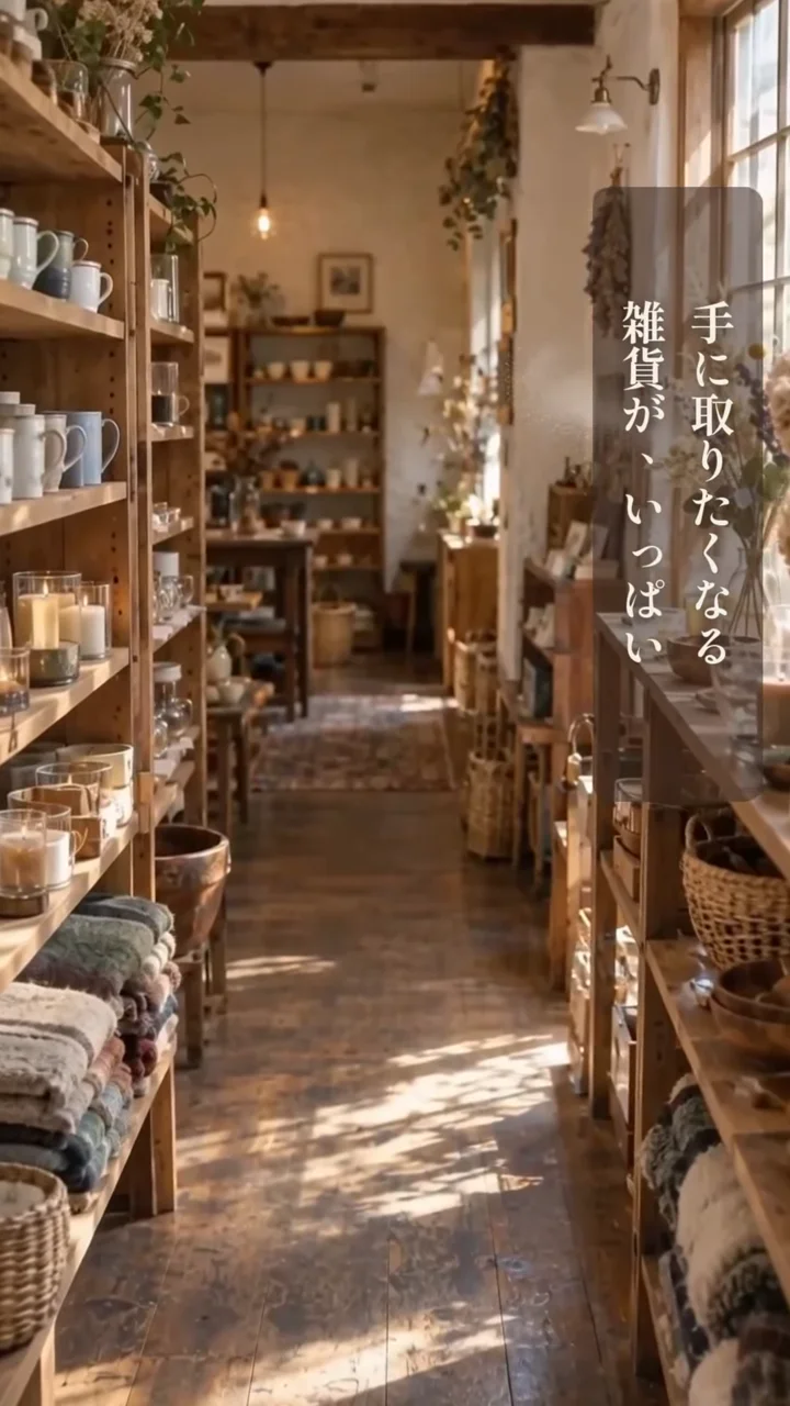 作例の動画の場面。雑貨が並ぶ店内の通路に、縦書きで「手に取りたくなる雑貨が、いっぱい」と出ている