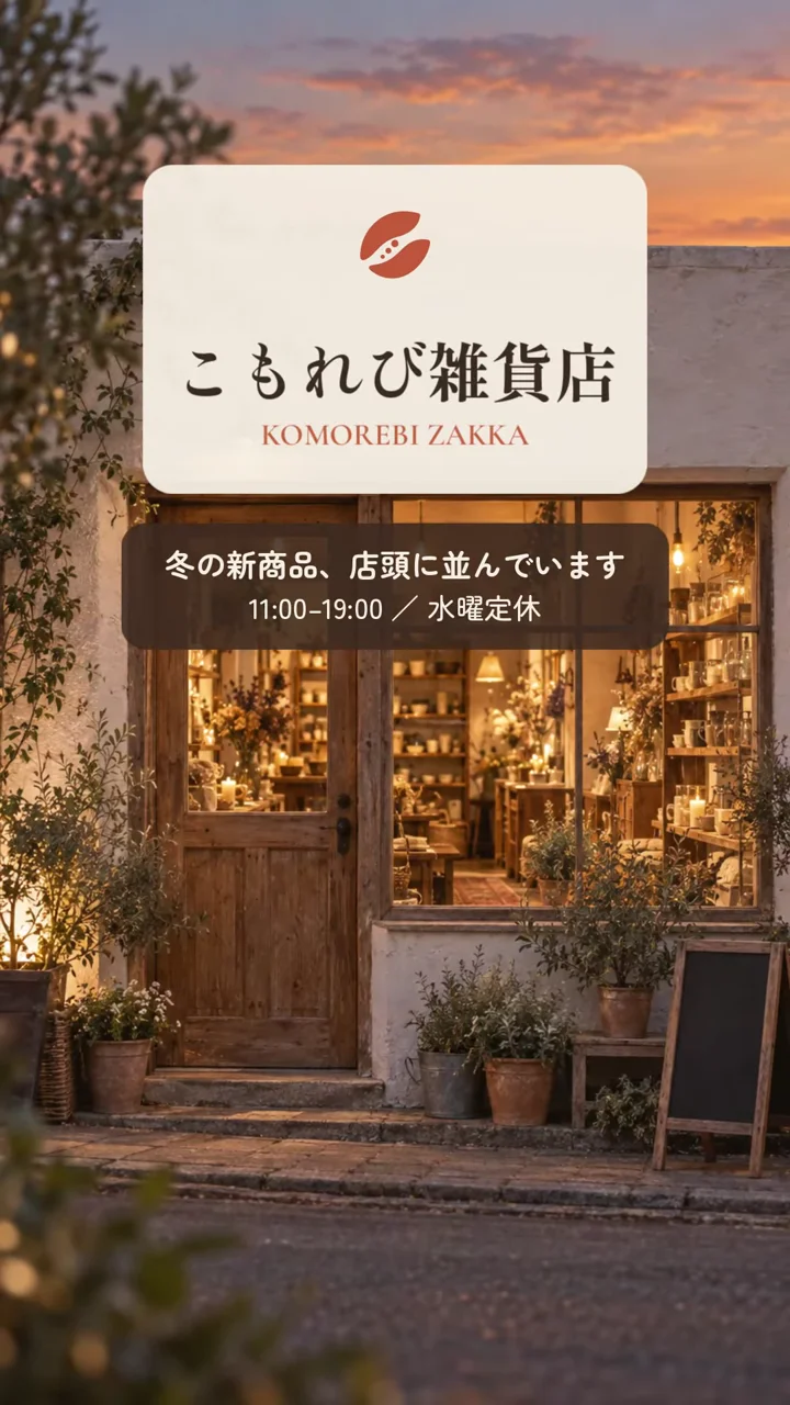 作例の動画の最後の場面。夕暮れの店先に「こもれび雑貨店」の店名と、冬の新商品が店頭に並んでいることと営業時間が出ている
