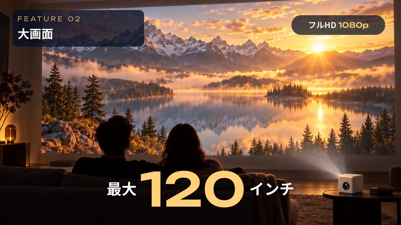 作例の動画の「最大120インチ」の大画面の場面