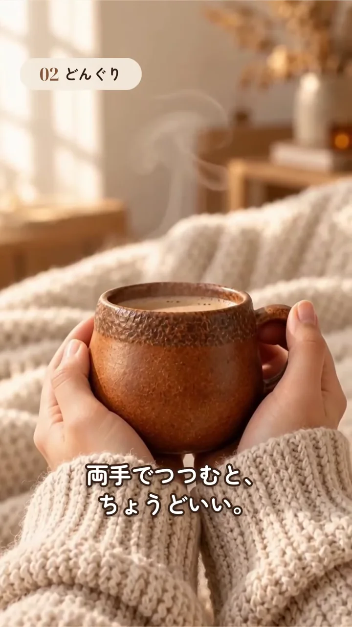 作例の動画で、丸いマグカップを両手で包む場面と字幕