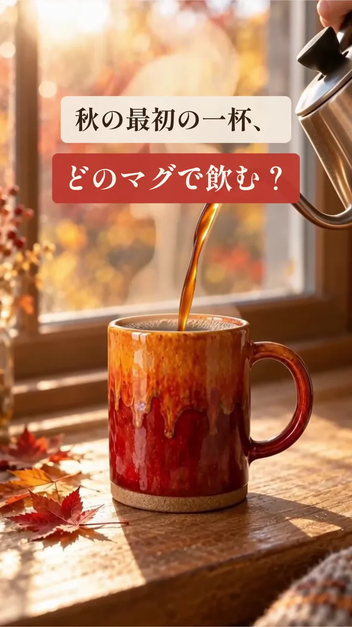 作例の動画の最初の場面。マグカップにお湯を注ぐ映像に「秋の最初の一杯、どのマグで飲む？」の文字