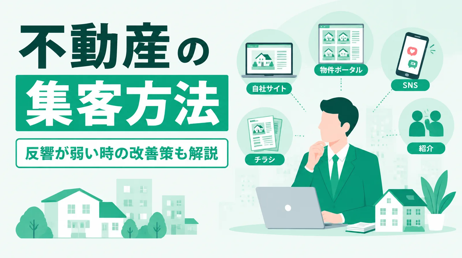 不動産会社の担当者が、自社サイト、物件ポータル、SNS、チラシ、紹介という集客の手段を考えている様子を描いたイラスト