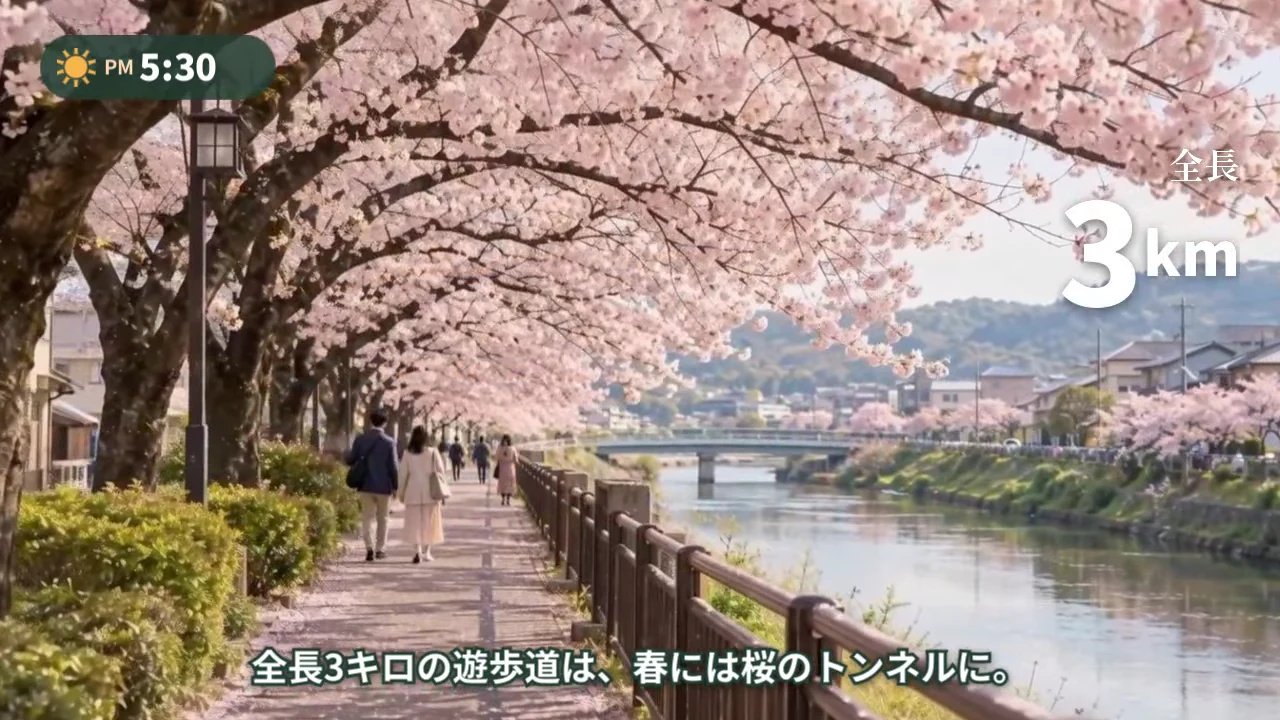作例のエリア紹介動画で、夕方の桜並木の遊歩道に「全長3km」の文字が重なる場面