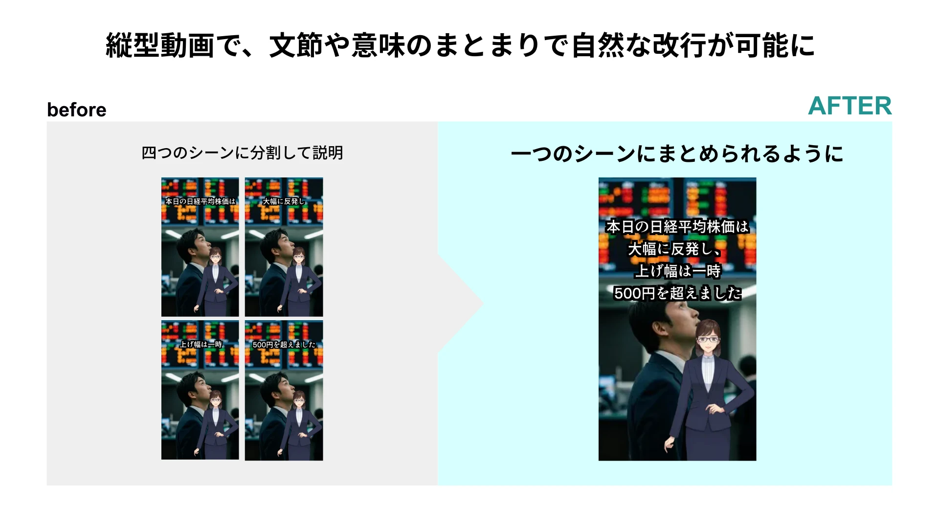 縦型動画でテロップを文節や意味のまとまりで自然に改行できる新機能のbefore/after比較