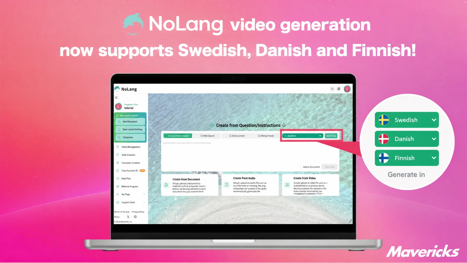 Banner announcing that NoLang video generation now supports Swedish, Danish, and Finnish.