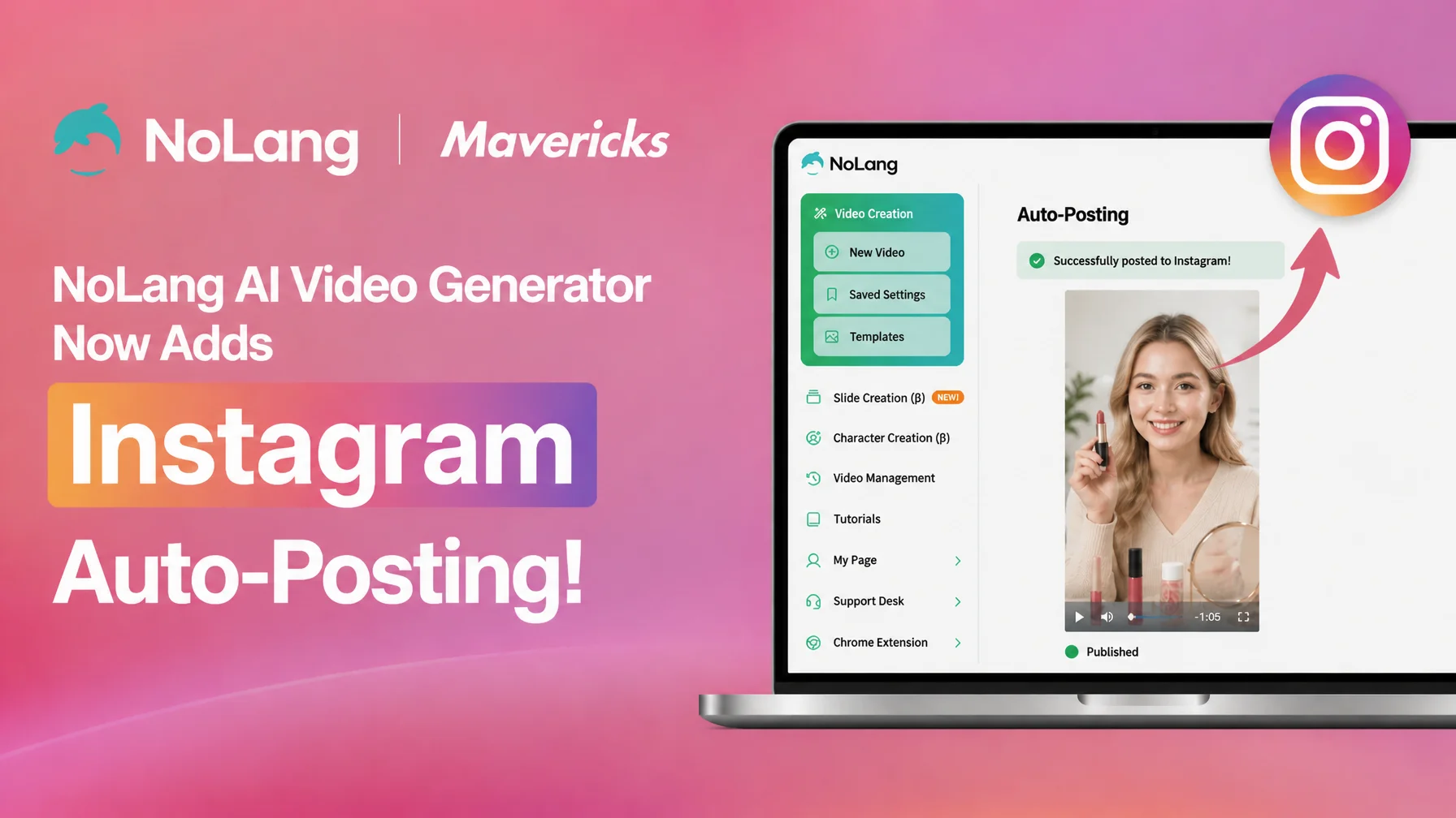 Key visual announcing that the video generation AI NoLang now posts automatically to Instagram