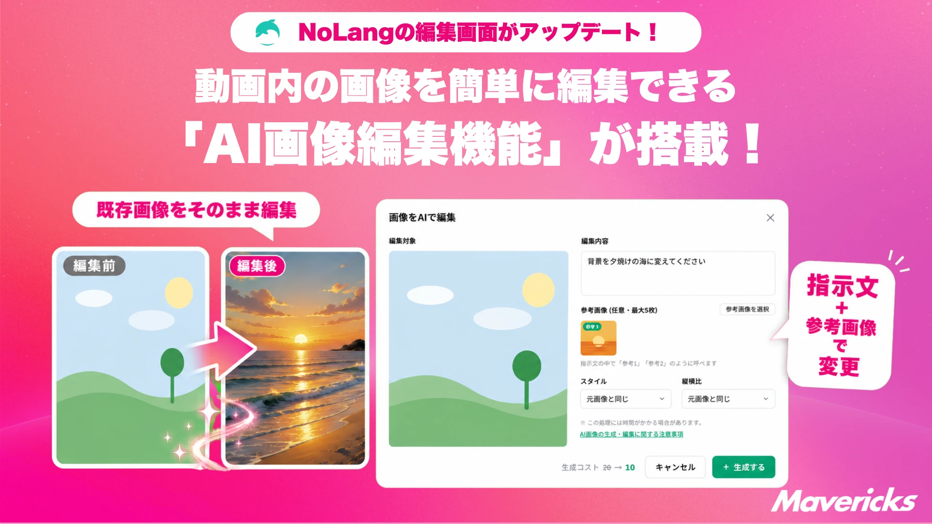 NoLangの編集画面アップデートを紹介するサムネイル。既存画像の編集前後比較と、指示文と参考画像で画像を編集するAI画像編集ダイアログを表示。