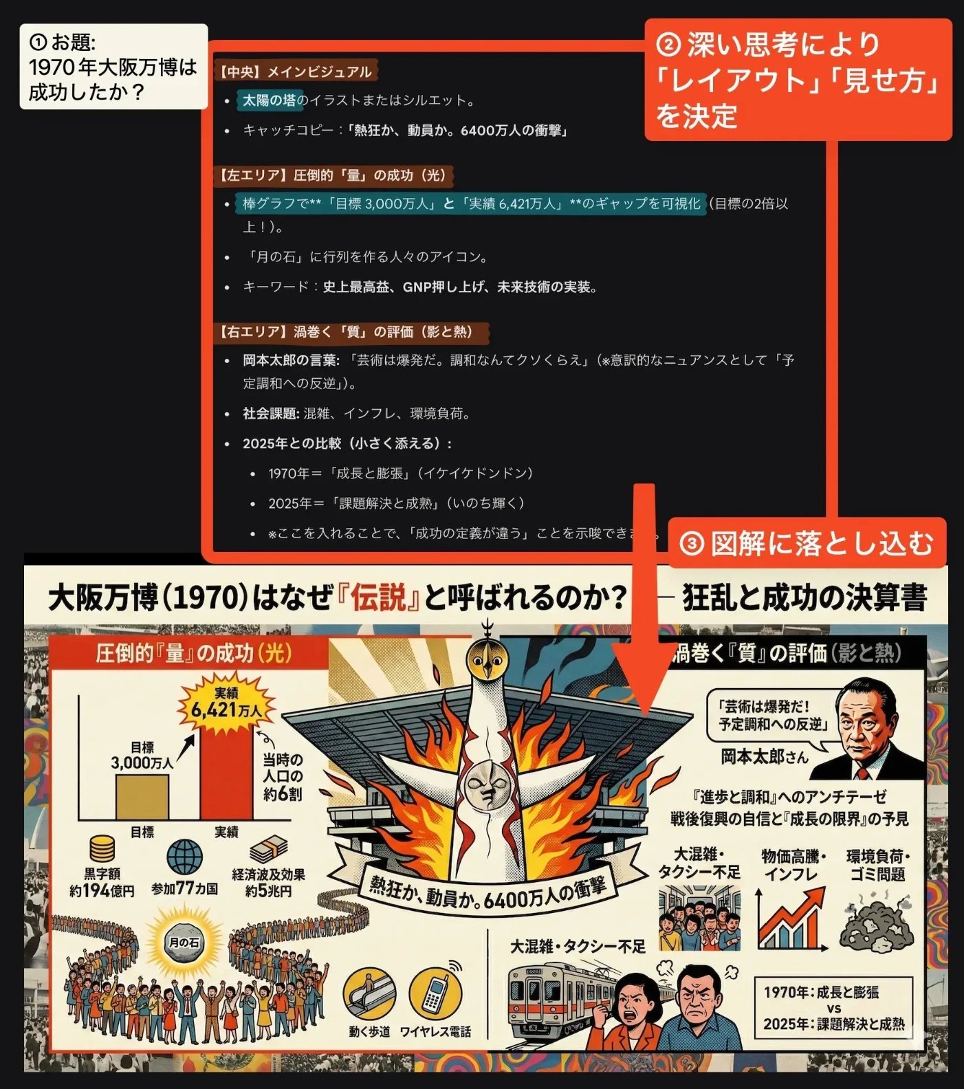 Nano Banana Pro creating a Japanese-language infographic about the 1970 Osaka World Expo from a prompt