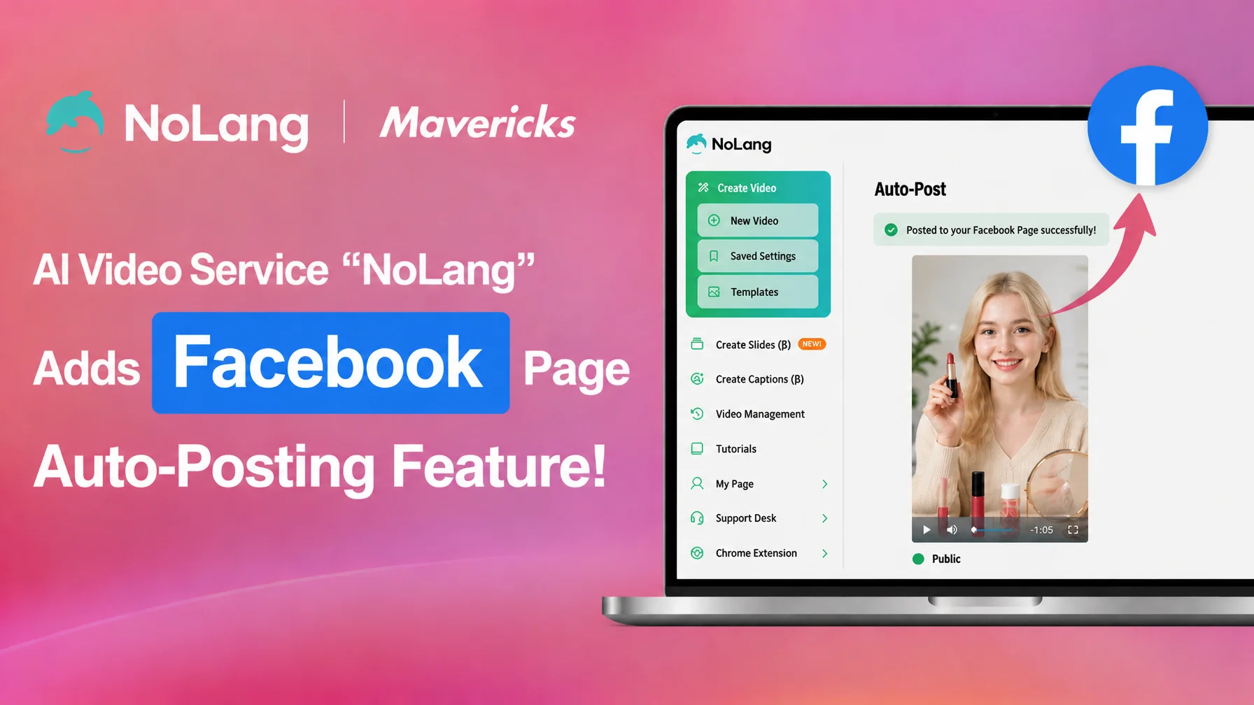 Key visual announcing that the AI video generation service NoLang can now post automatically to Facebook