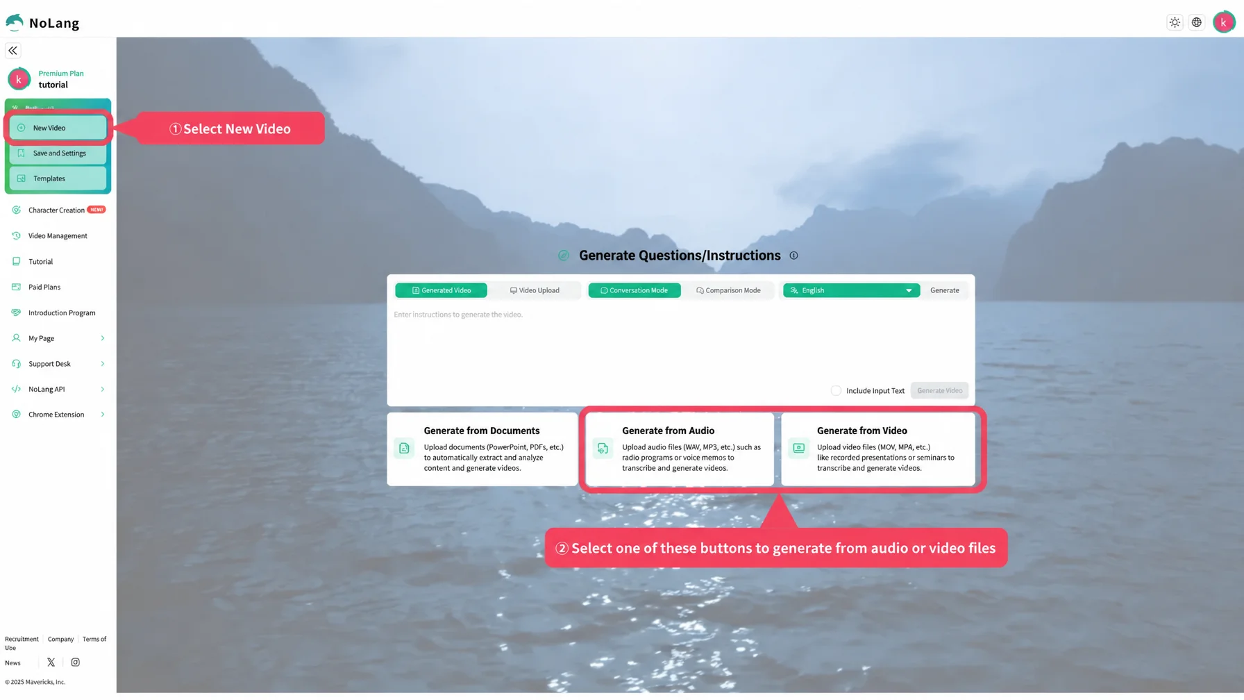 NoLang dashboard highlighting the new video button and the Generate from audio and Generate from video options