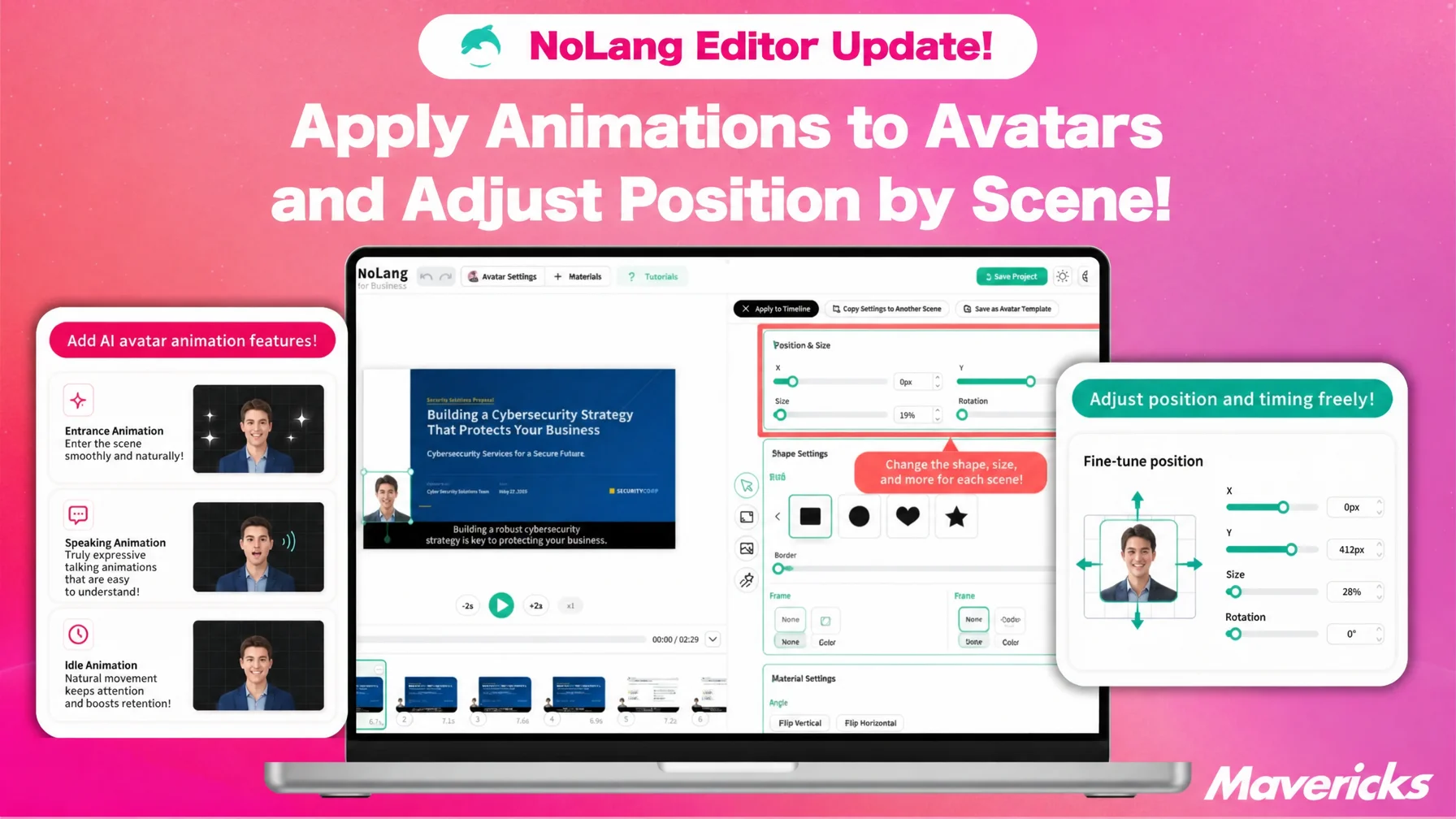 Banner showing the NoLang editor update: animation for avatars and per-scene position adjustment.