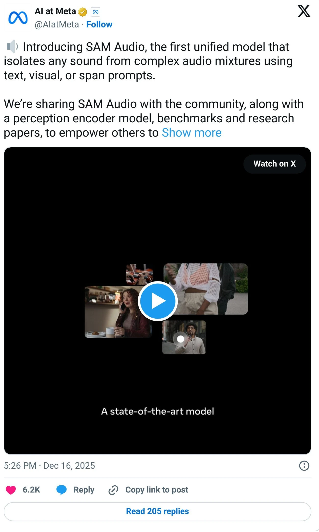 X post from AI at Meta introducing SAM Audio, a model that isolates sounds in audio and video
