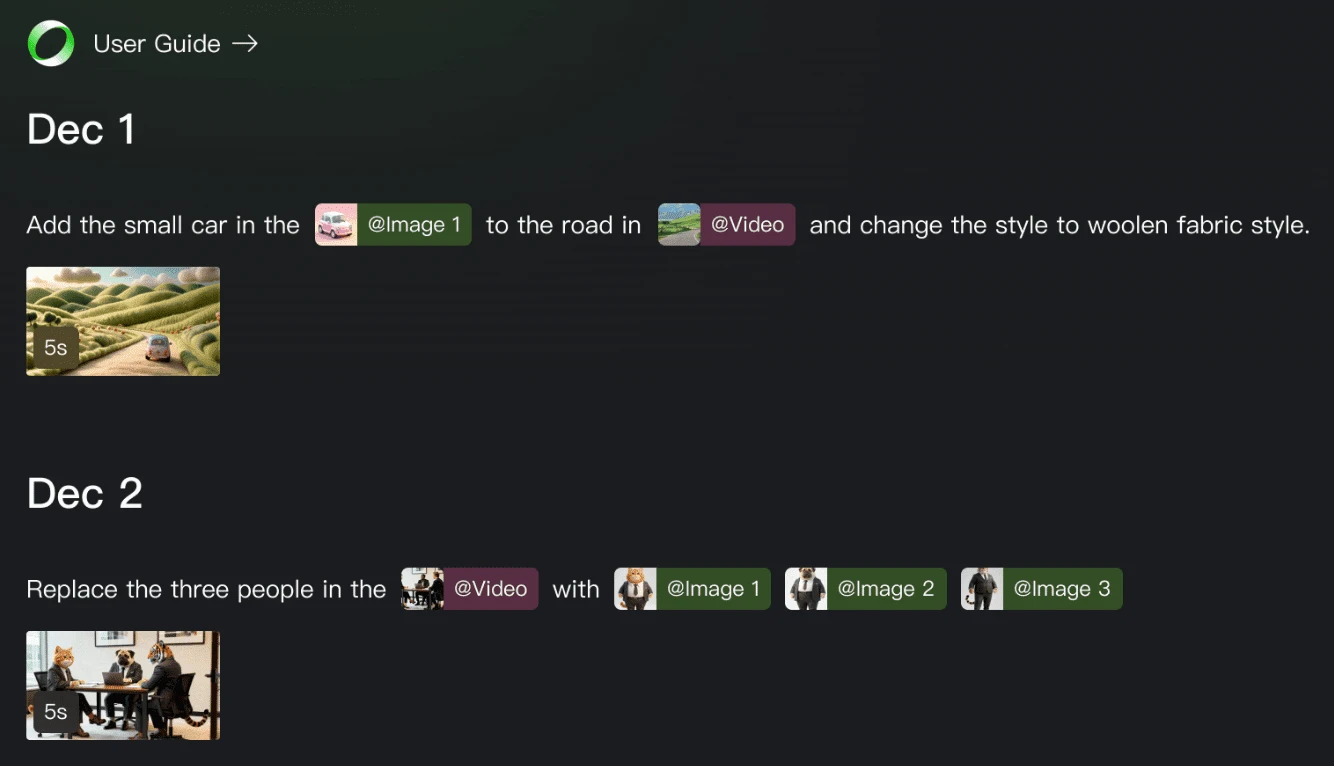 Kling O1 screen where images and videos are mentioned in a text instruction to generate a video