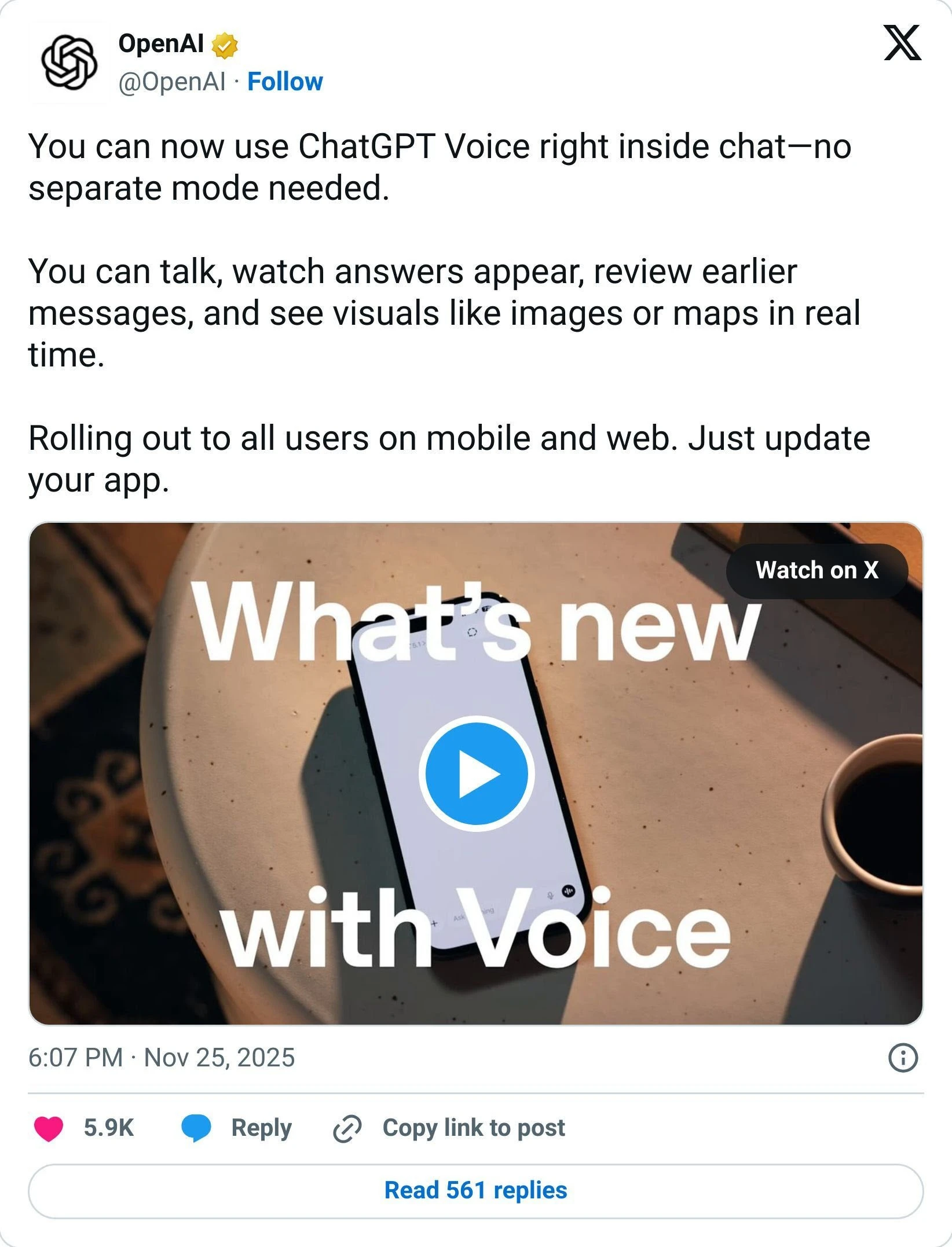 OpenAI post on X announcing that ChatGPT Voice can now be used directly inside chat