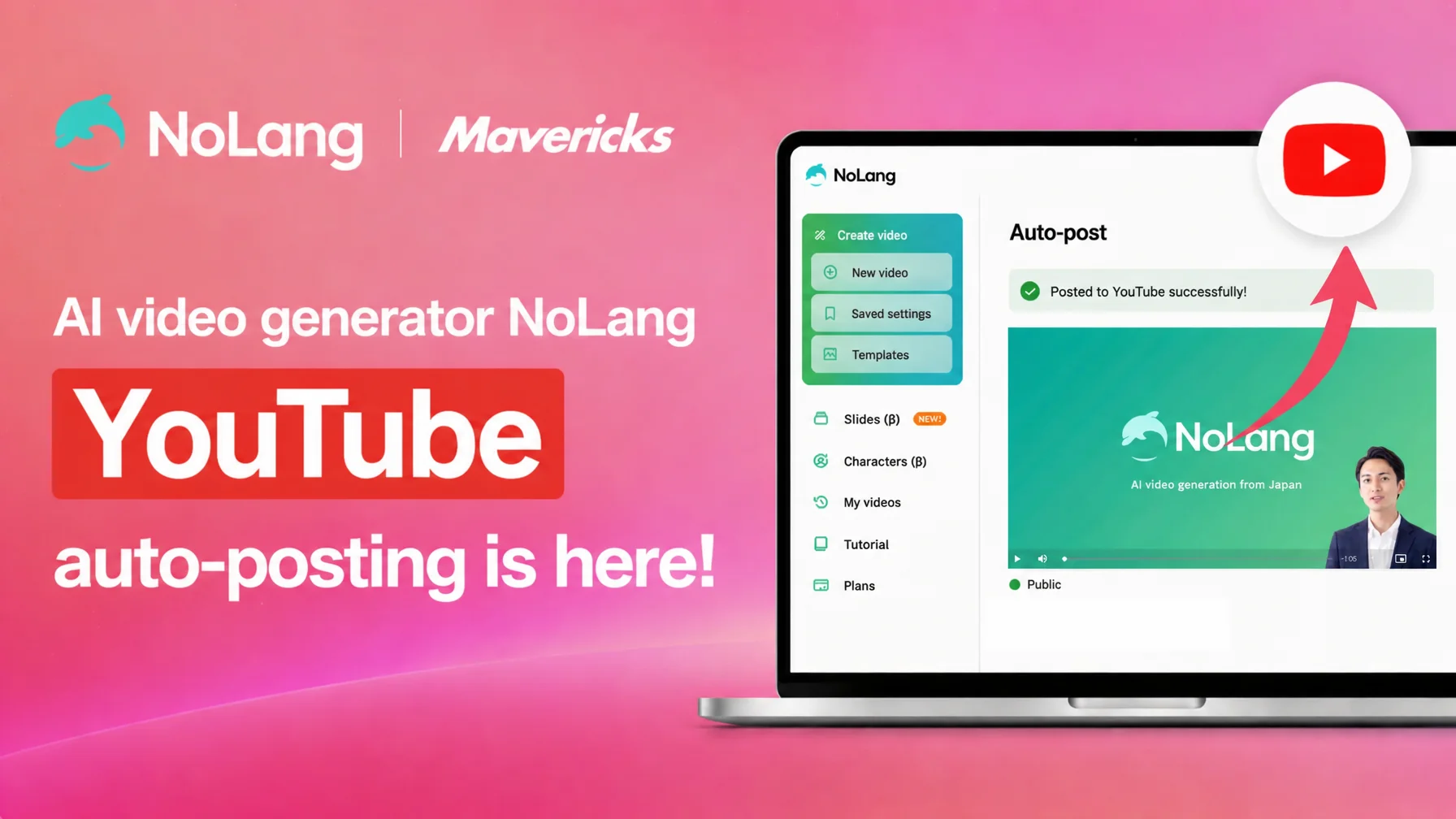 Key visual announcing that the AI video generation service NoLang can now post videos automatically to YouTube