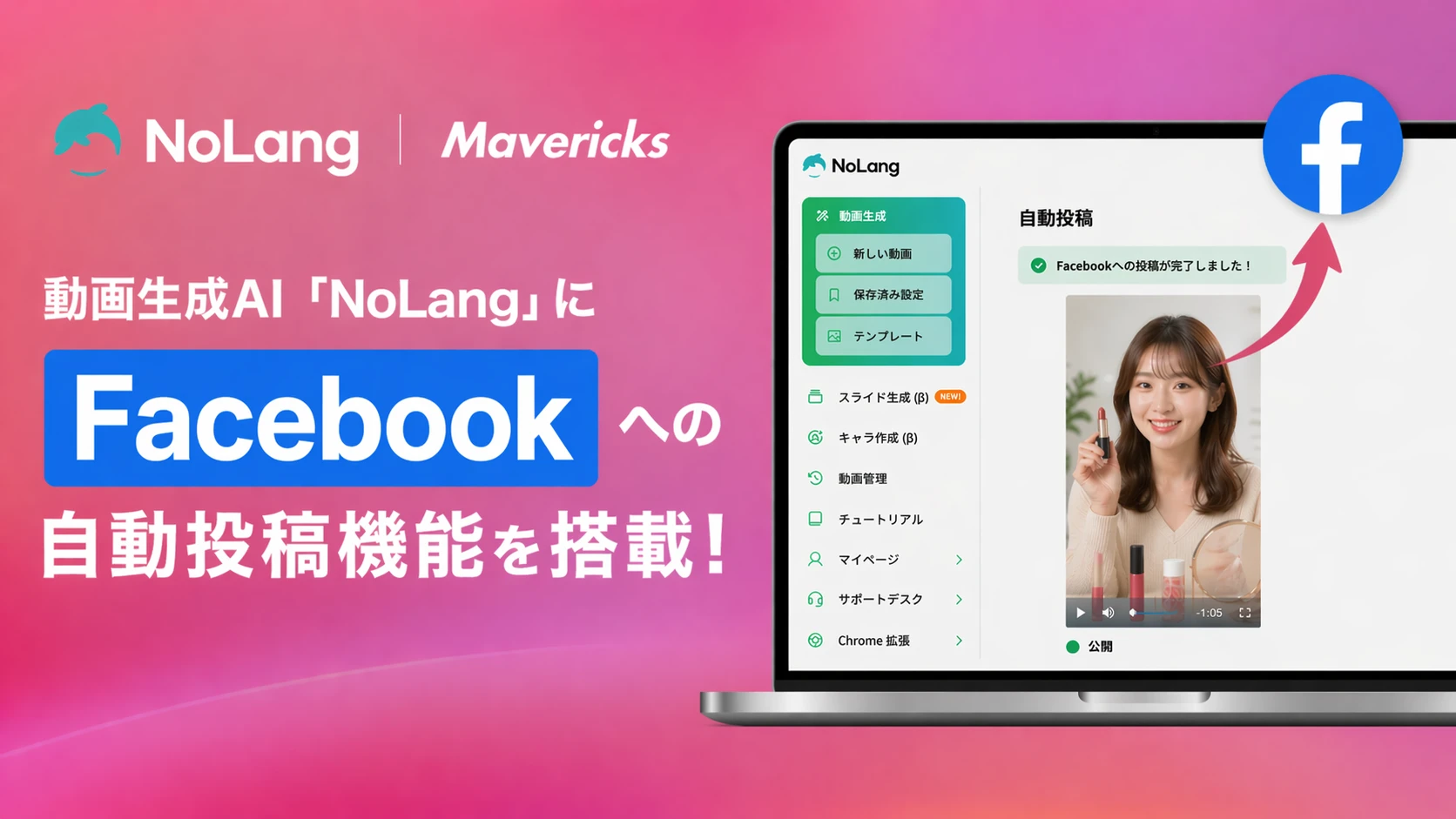 動画生成AI「NoLang」にFacebook Page自動投稿機能を搭載したことを伝えるキービジュアル