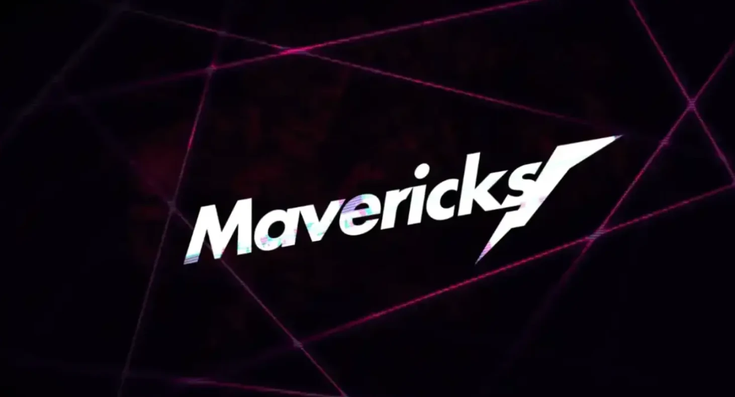 Mavericks logo in white on a black background crossed by pink wireframe lines