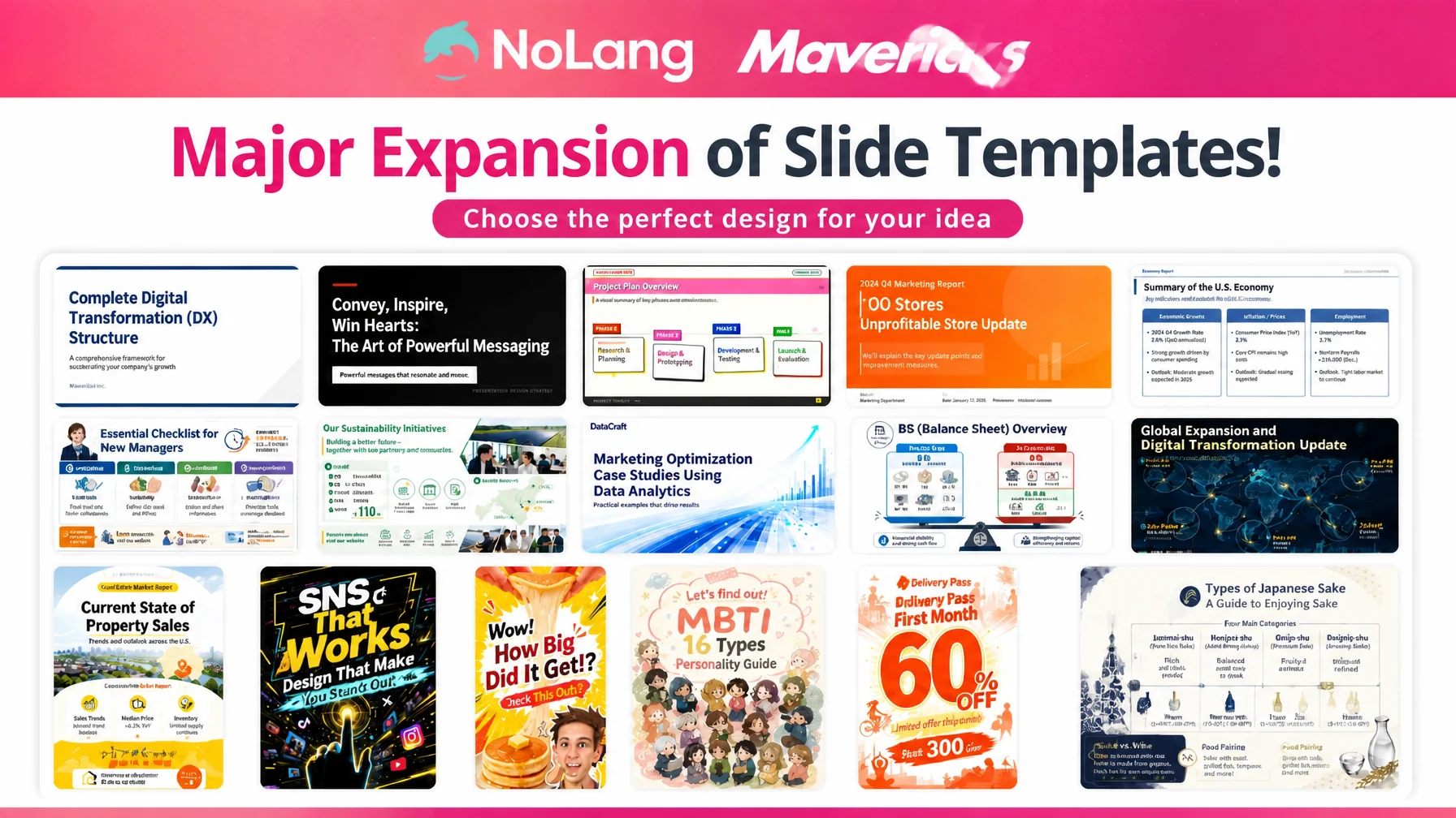 Thumbnail announcing a major expansion of NoLang slide templates, with a grid of template samples