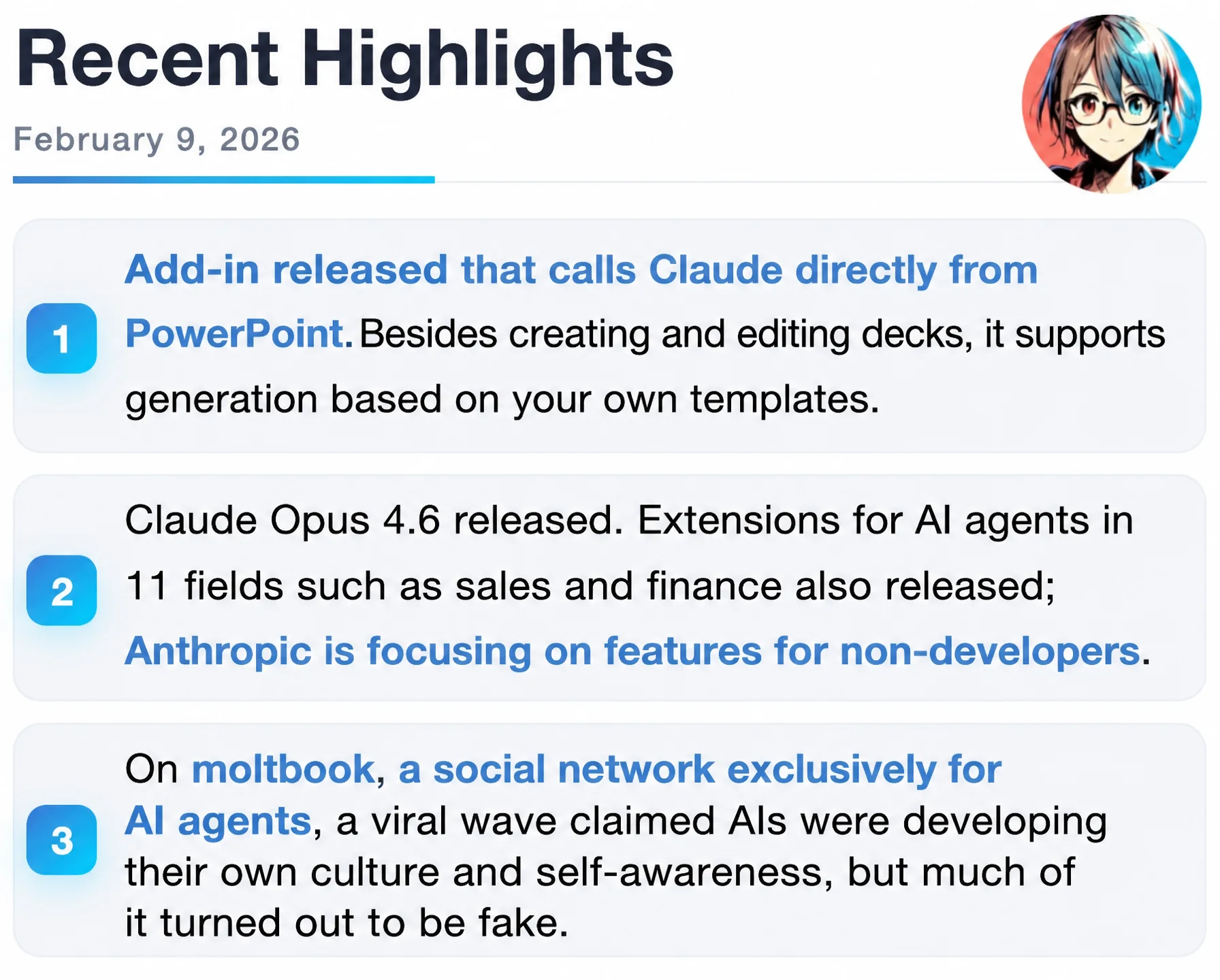 Newsletter opening page listing the three recent highlights of the February 9, 2026 issue of Mavericks AI News