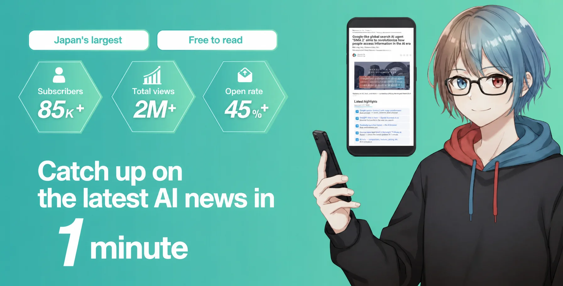 Thumbnail for Mavericks AI News showing 85,000+ subscribers, 2 million+ views and a 45%+ open rate