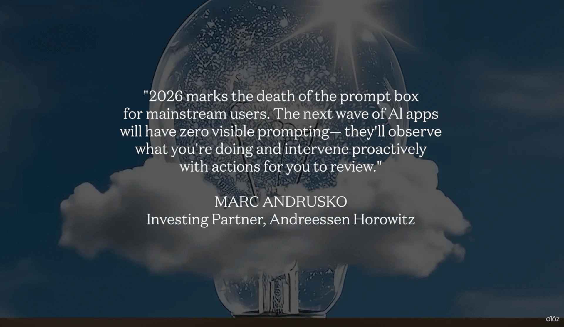 Quote visual of a16z partner Marc Andrusko's 2026 AI prediction set over a light bulb in the sky