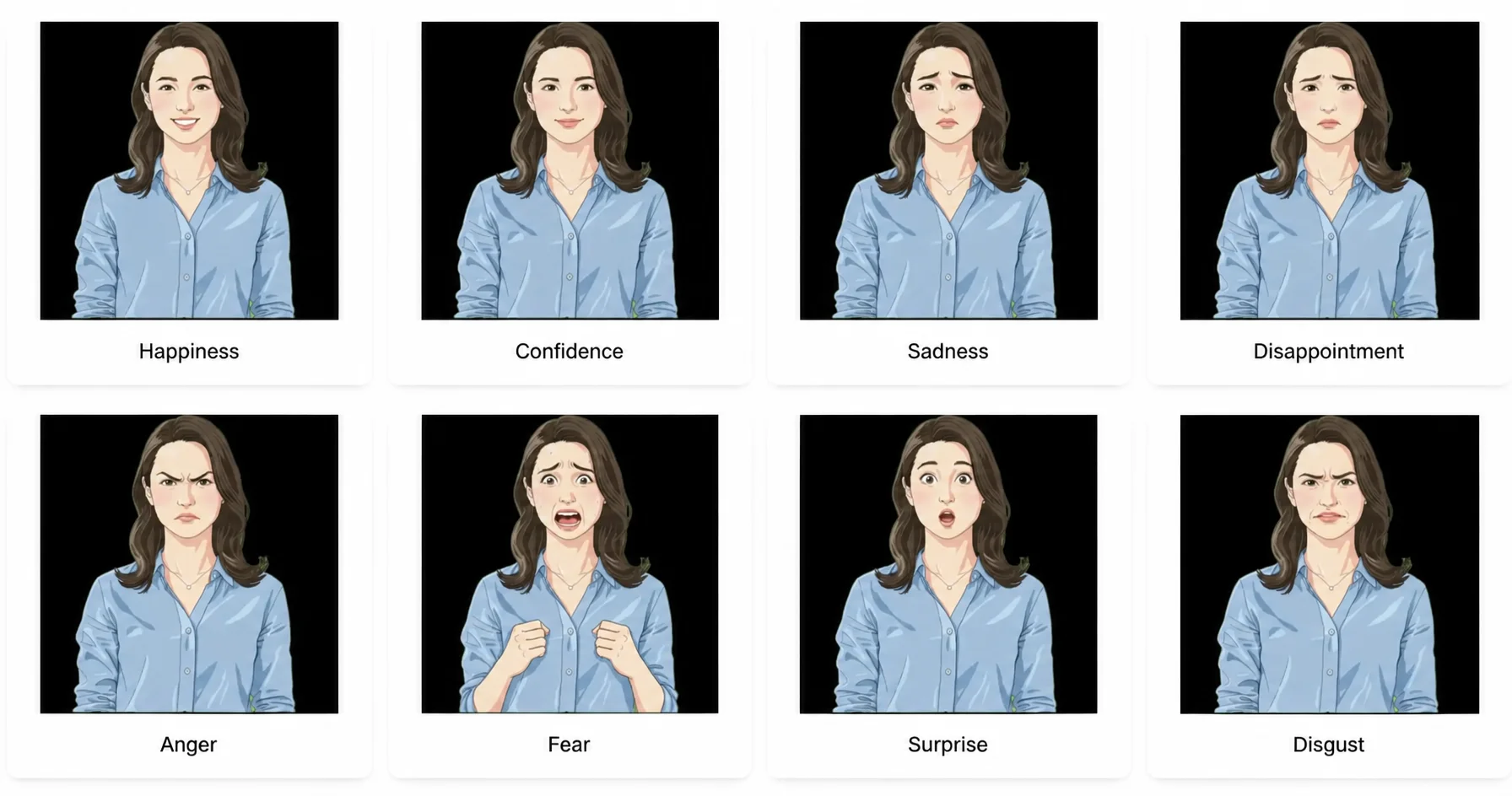 Eight expressions of a NoLang image avatar: happy, proud, sad, disappointed, anger, fear, surprise and disgusted
