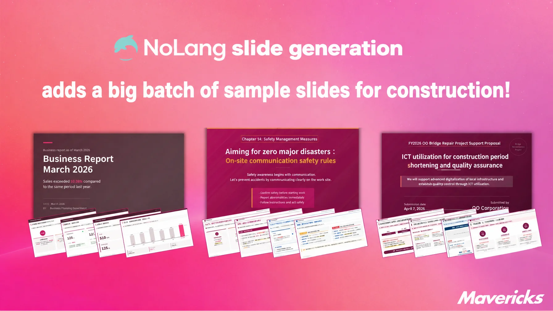 Key visual announcing a major addition of construction industry sample slides to NoLang's Slide Generation