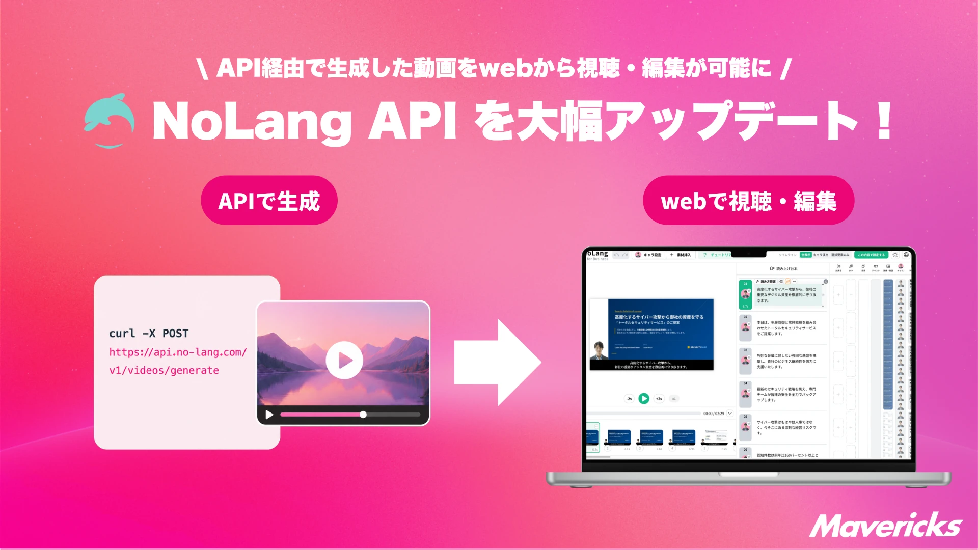 NoLang APIを大幅アップデート、API経由で生成した動画をWeb上で視聴・編集できることを示す図解