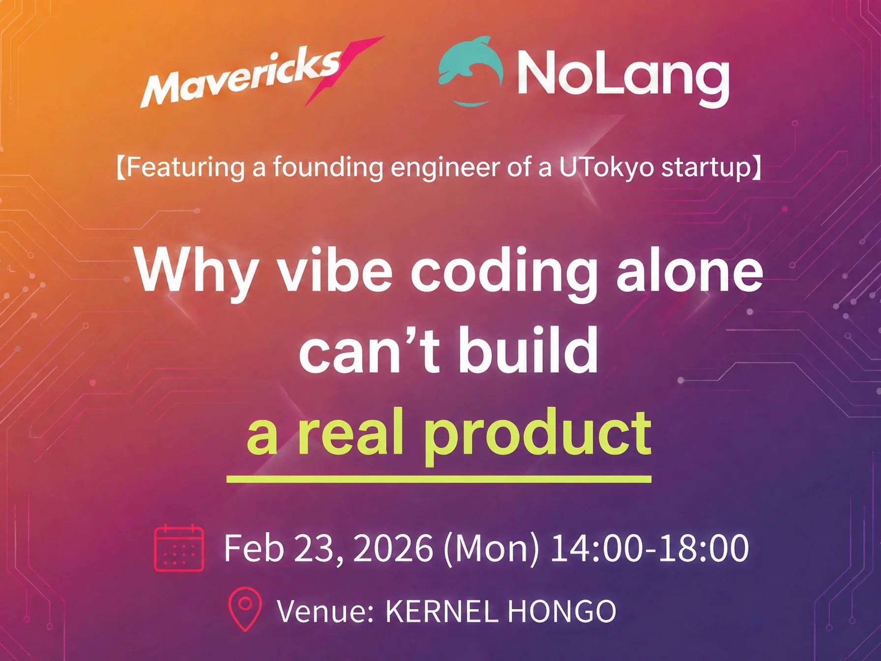 Banner for the February 23, 2026 Mavericks and NoLang talk event, showing the theme, date, time and venue