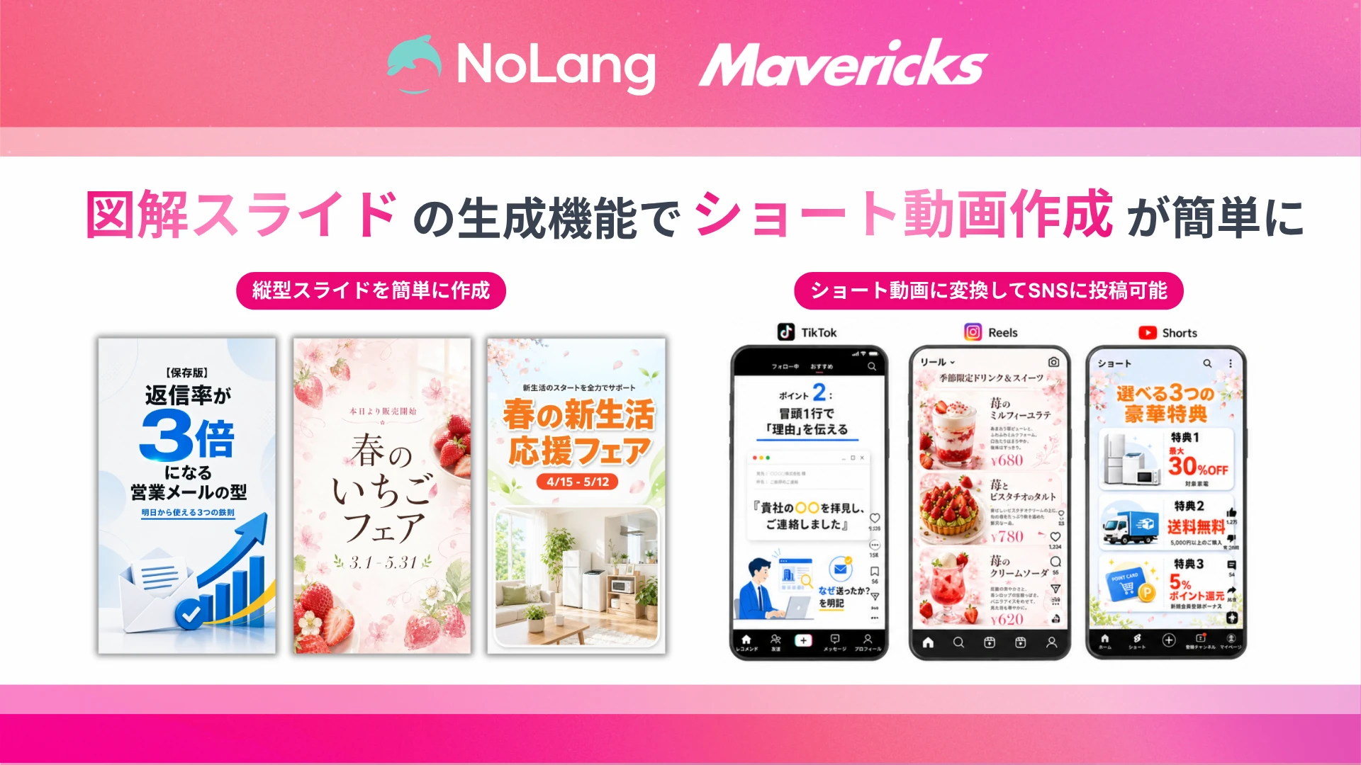 NoLangの縦型スライド生成機能アップデート告知 営業メール・春のフェア等の縦型スライドとSNS投稿例を並べたサムネイル