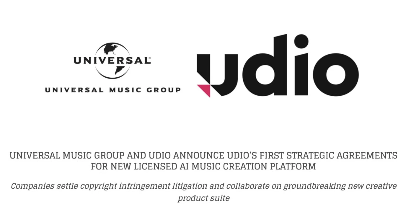 Universal Music Group and Udio logos above the announcement of their first strategic agreements