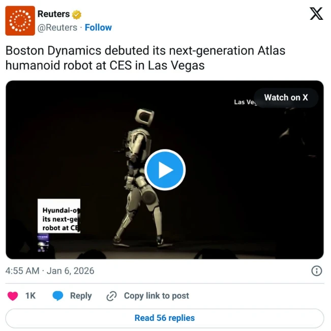 Screenshot of a Reuters post on X about the next-generation Atlas humanoid robot walking on stage at CES