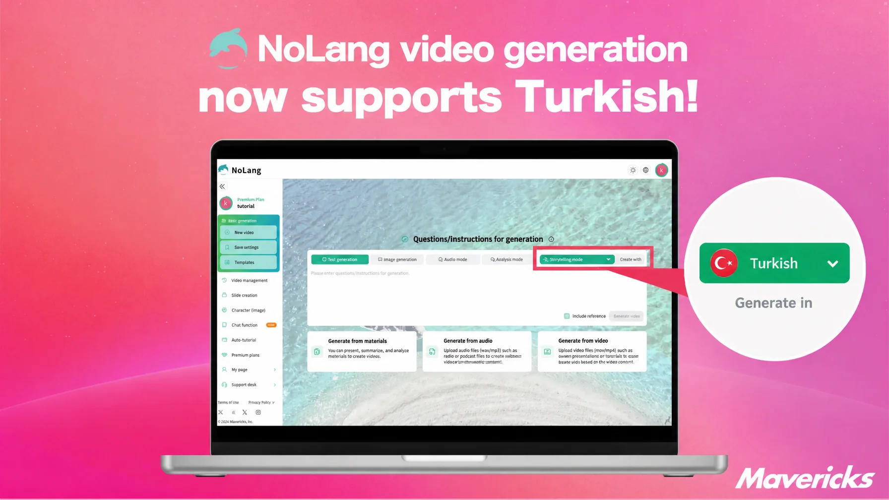 Slide announcing Turkish support in NoLang video generation, with the app screen and a Turkish language selector
