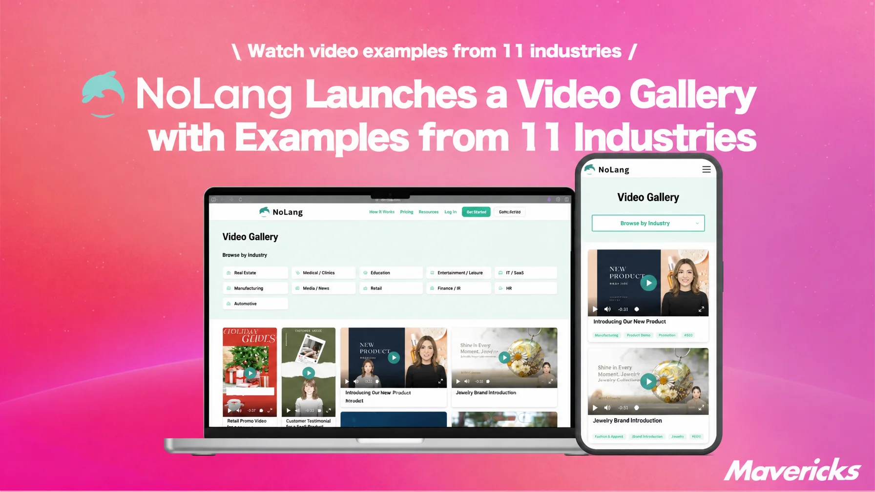 Key visual announcing the launch of the NoLang Video Gallery with video examples from 11 industries