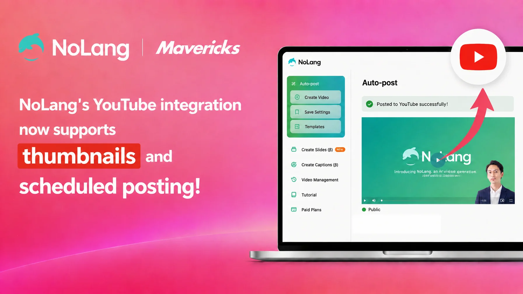 Banner announcing that the NoLang YouTube integration now supports scheduled posting and thumbnails