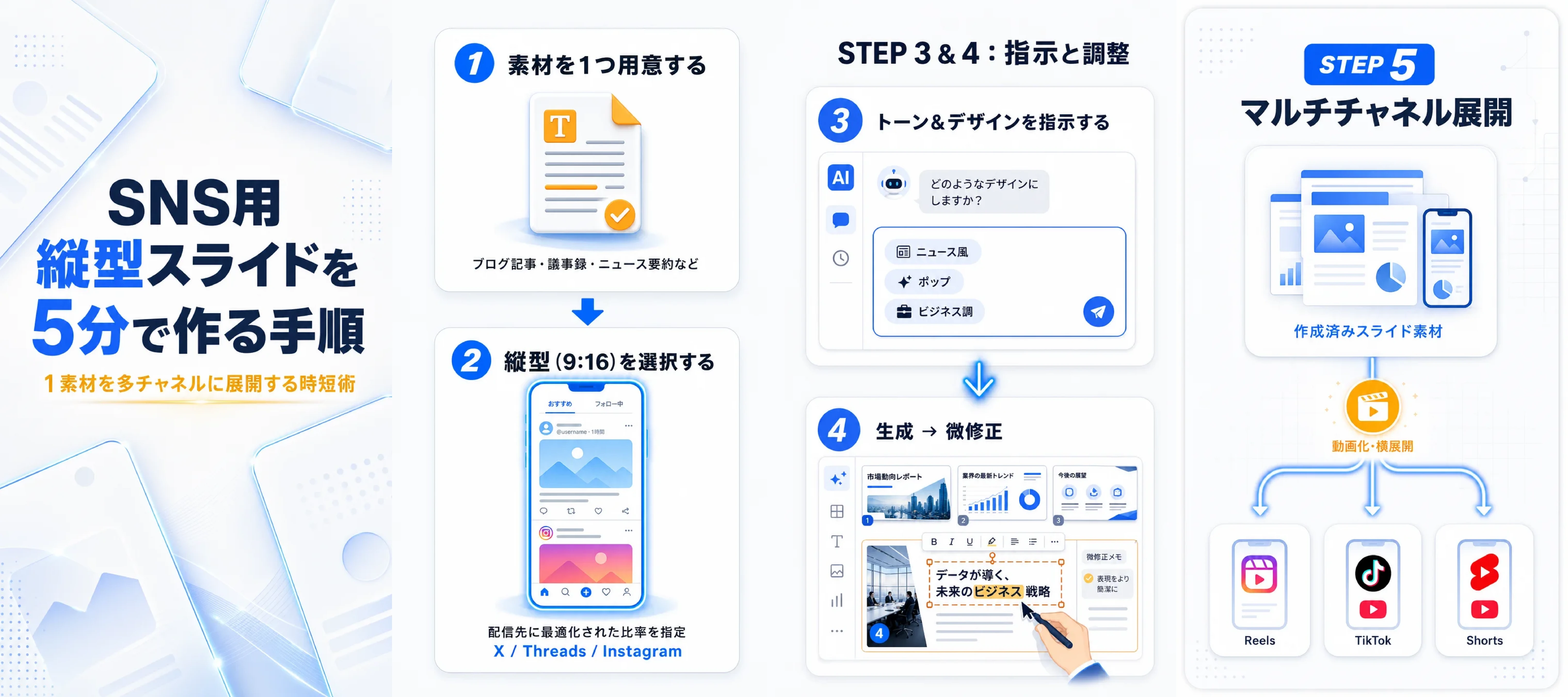 Five-step diagram for making a social vertical slide in five minutes, from source file to multi-channel rollout