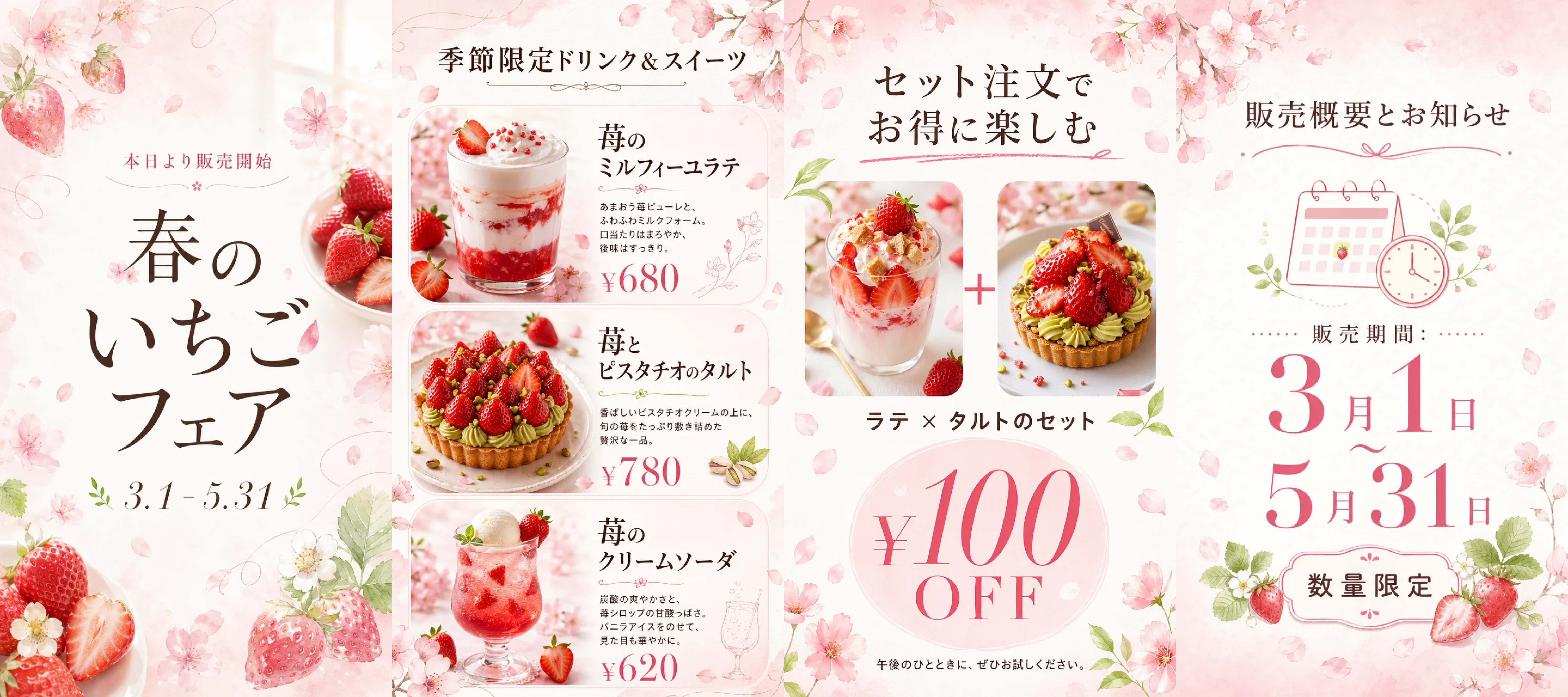 Spring strawberry fair slides with seasonal drinks and desserts, a 100-yen set discount, on sale March 1 to May 31