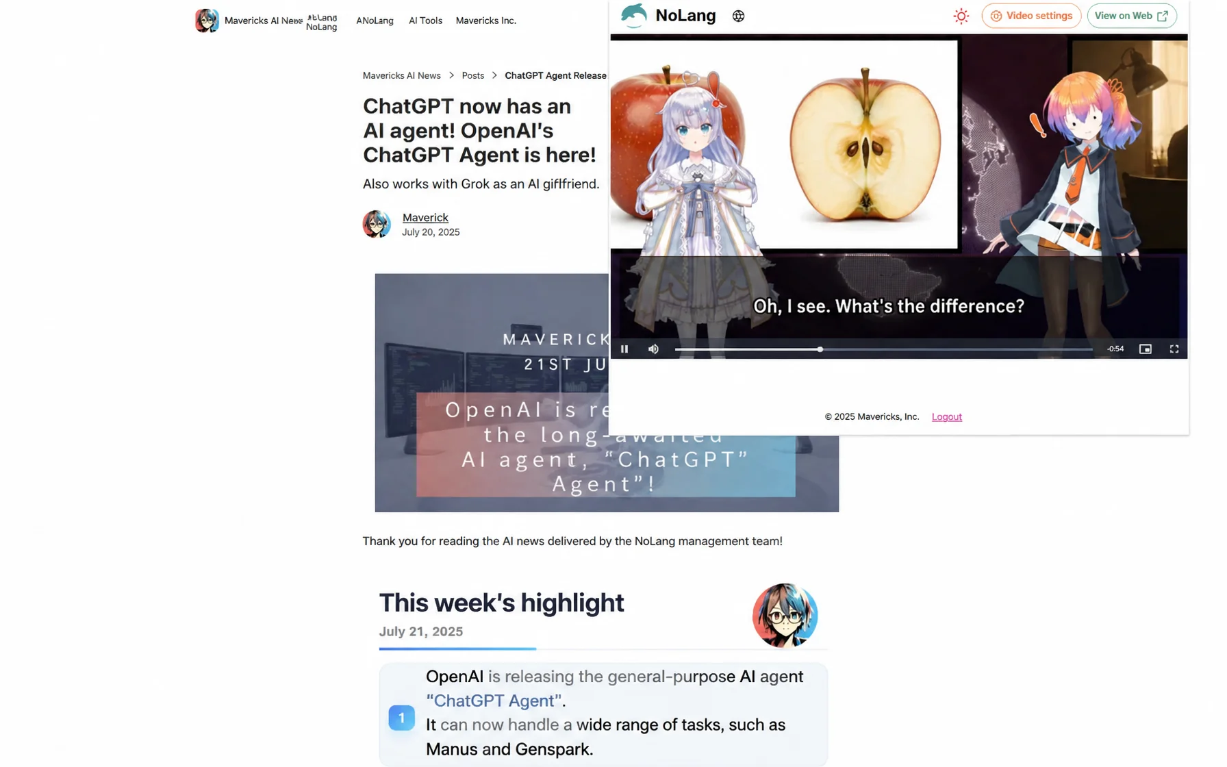 NoLang video player with anime avatars shown beside the Mavericks AI news site in a browser