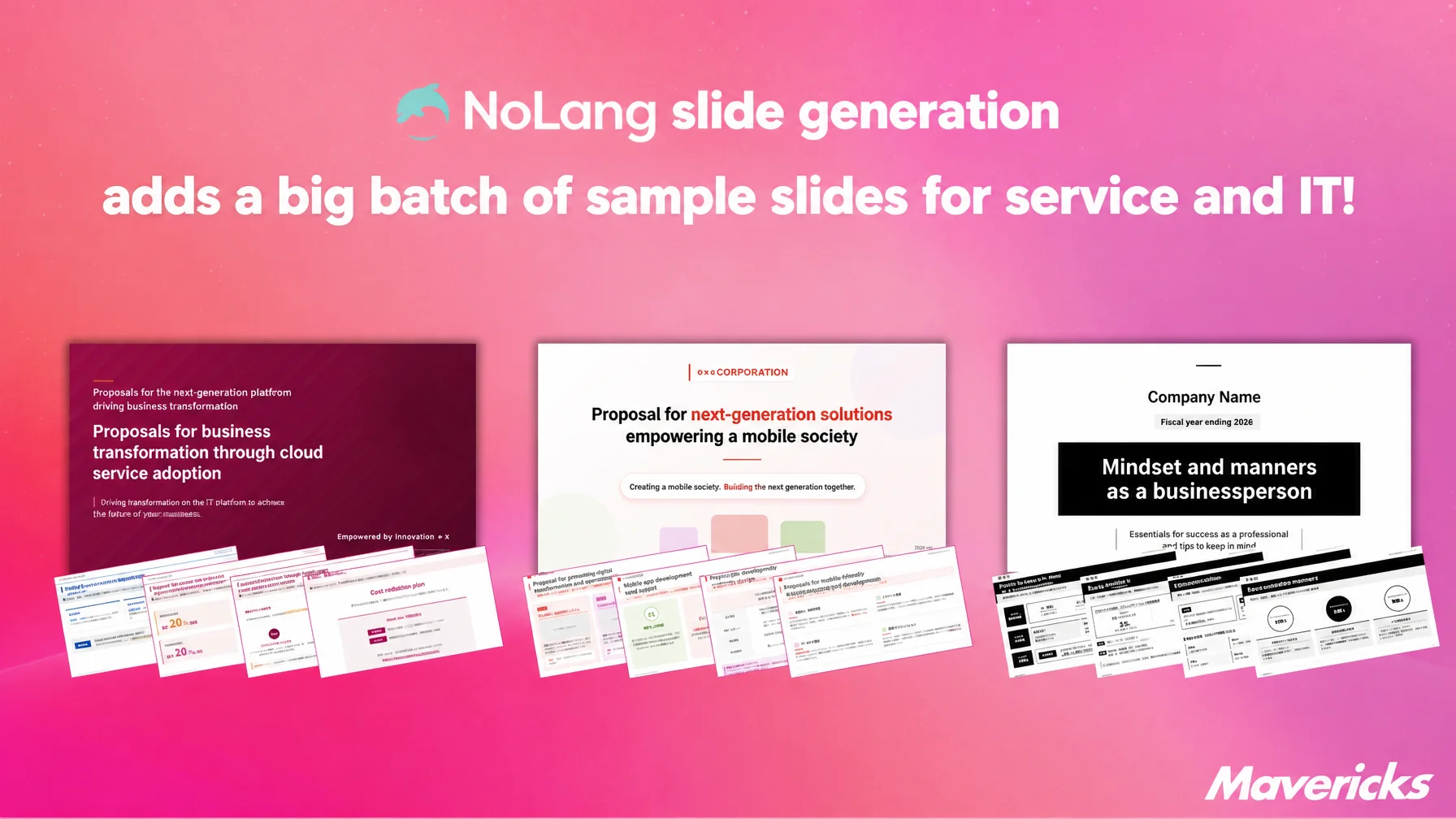 Banner announcing new sample slides for the service and IT industries in NoLang's Slide Generation feature