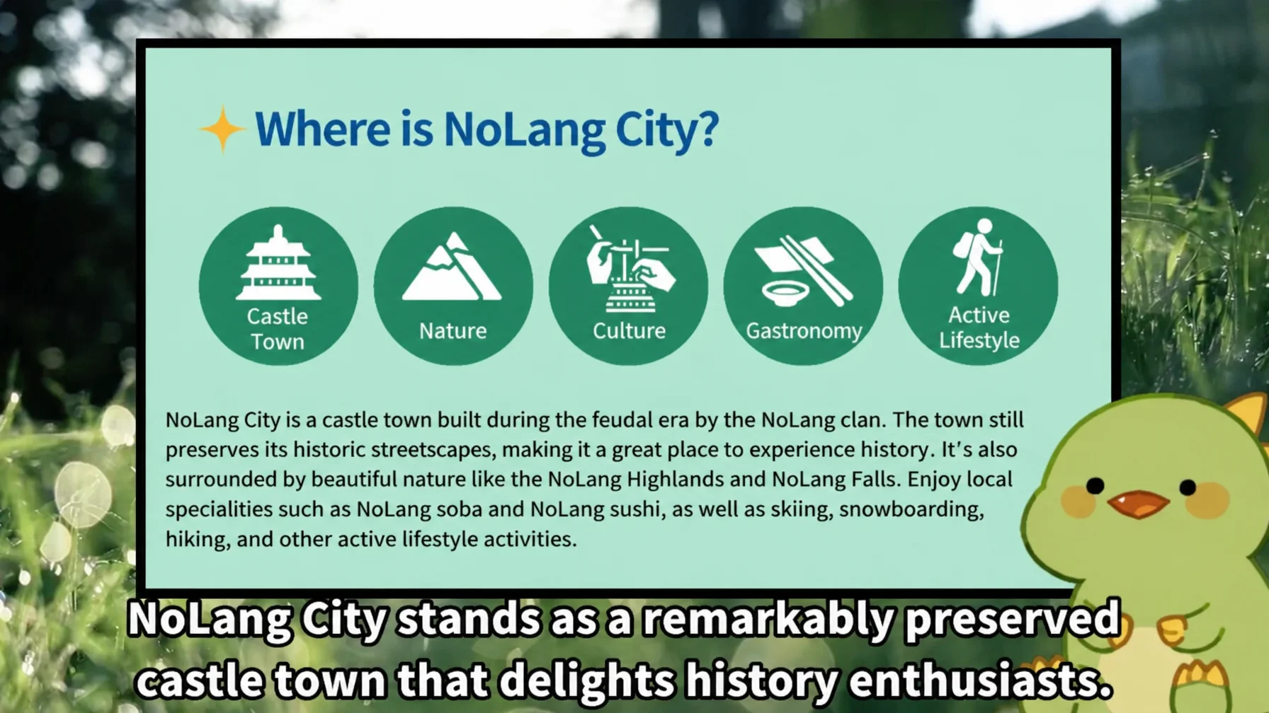 Sample video made with an English template: a slide introducing a castle town with English subtitles