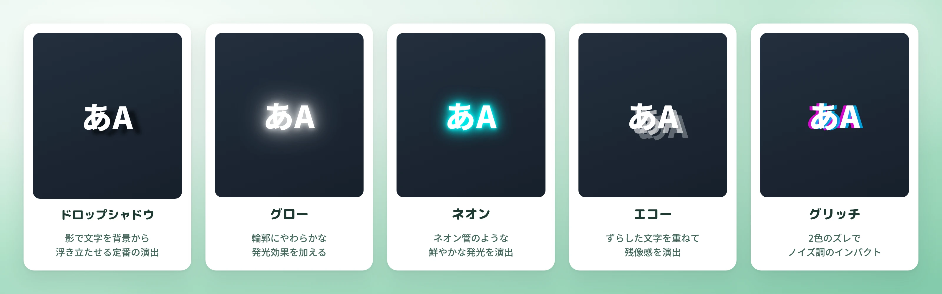 5種類のシャドウ演出一覧(ドロップシャドウ・グロー・ネオン・エコー・グリッチ)