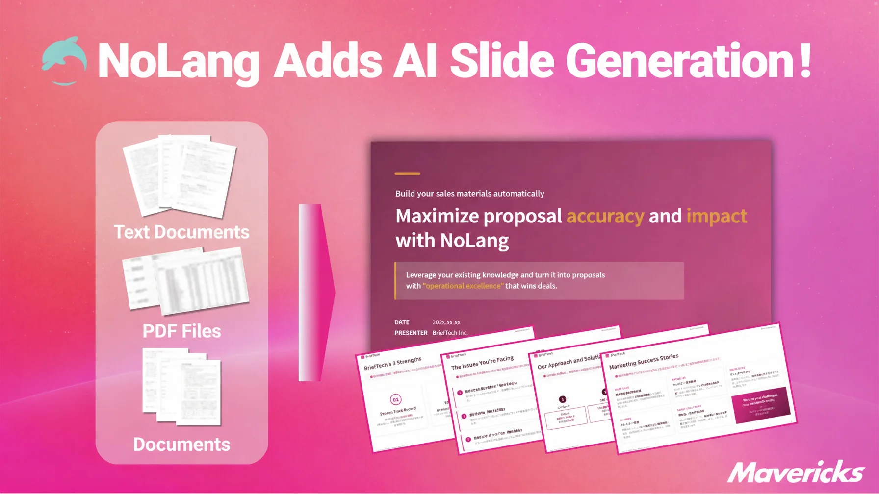Key visual announcing AI slide generation in NoLang, with text documents and PDFs becoming a slide deck