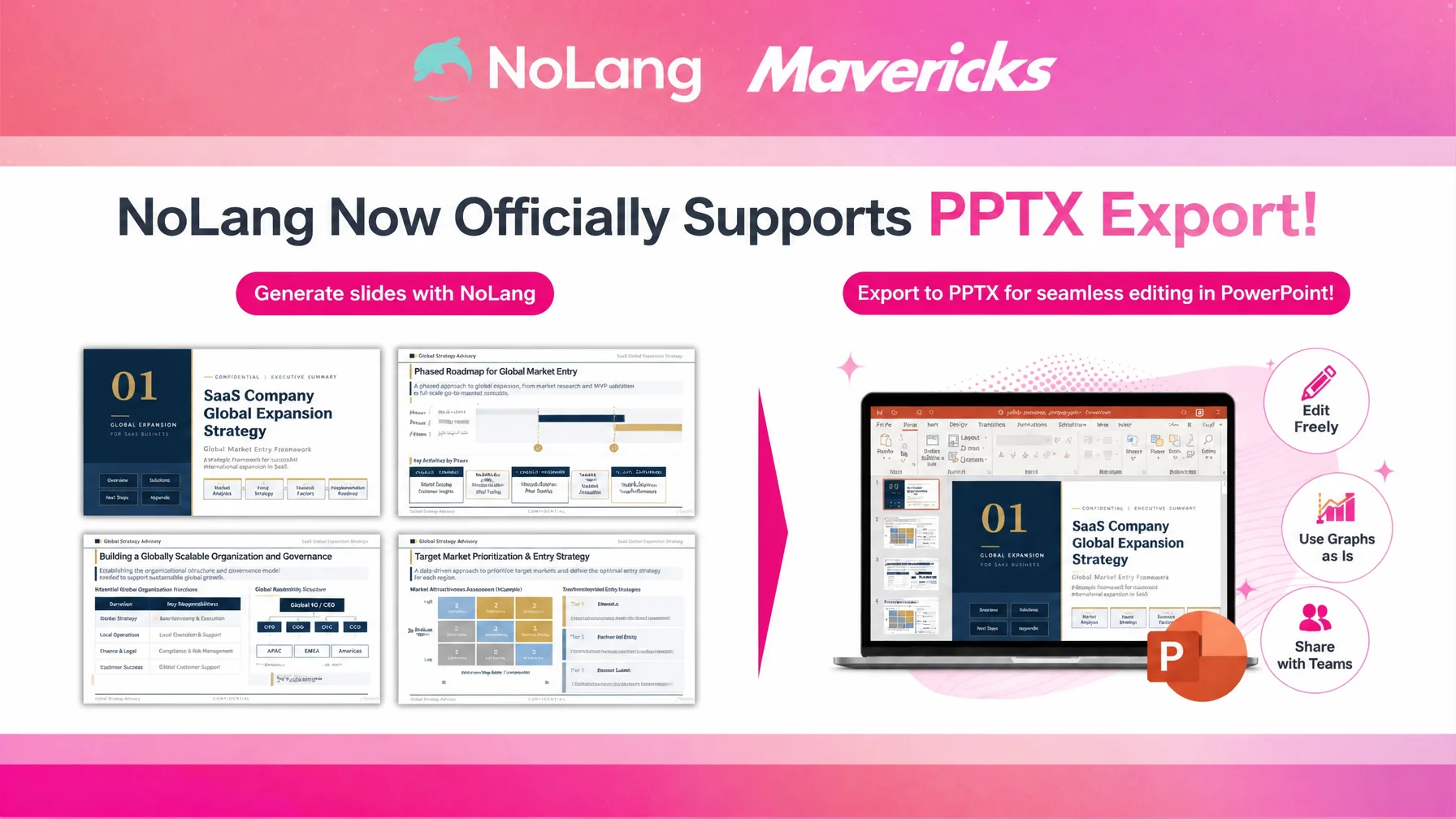 Thumbnail announcing PPTX export for NoLang slide generation, with a generated deck opened in PowerPoint