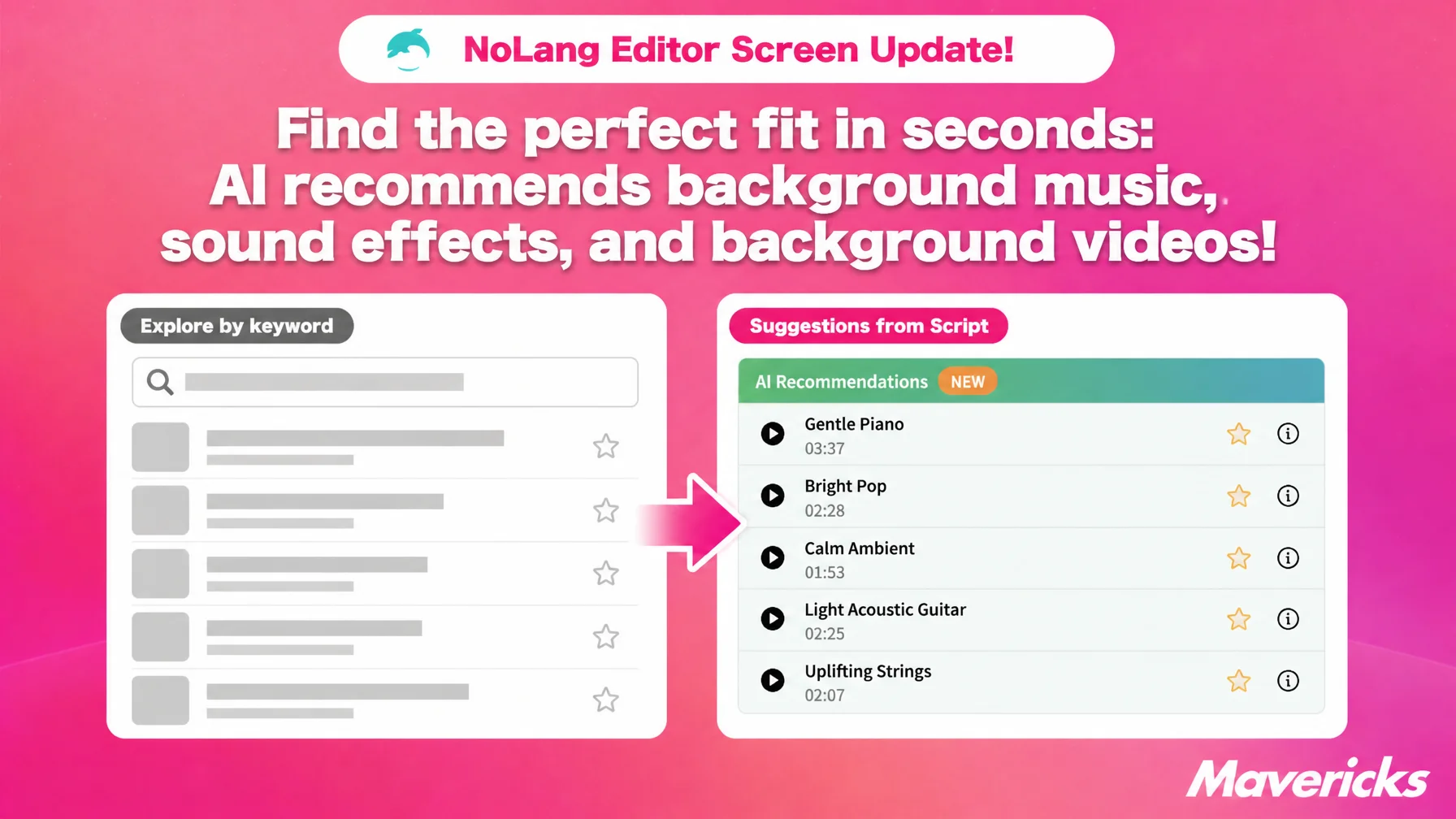 Announcement graphic comparing keyword search with an AI recommendations list of background music suggestions