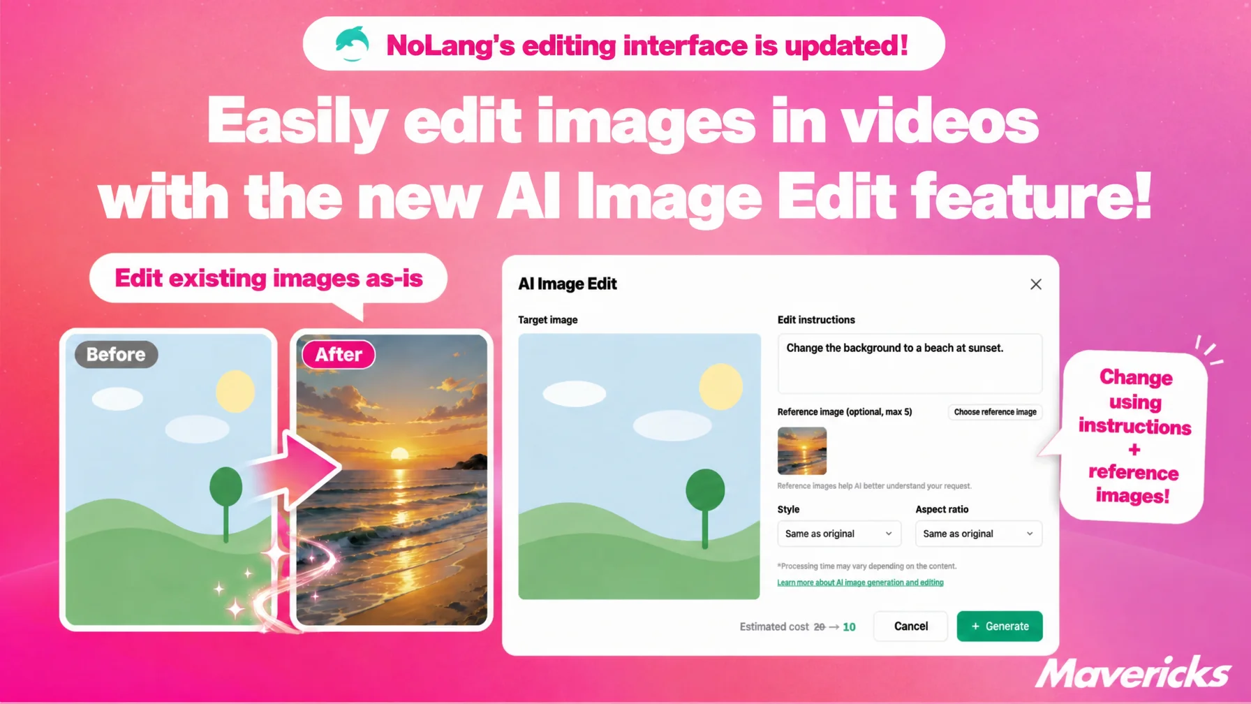 Thumbnail announcing the NoLang editor update, showing a before and after image and the AI image edit dialog.