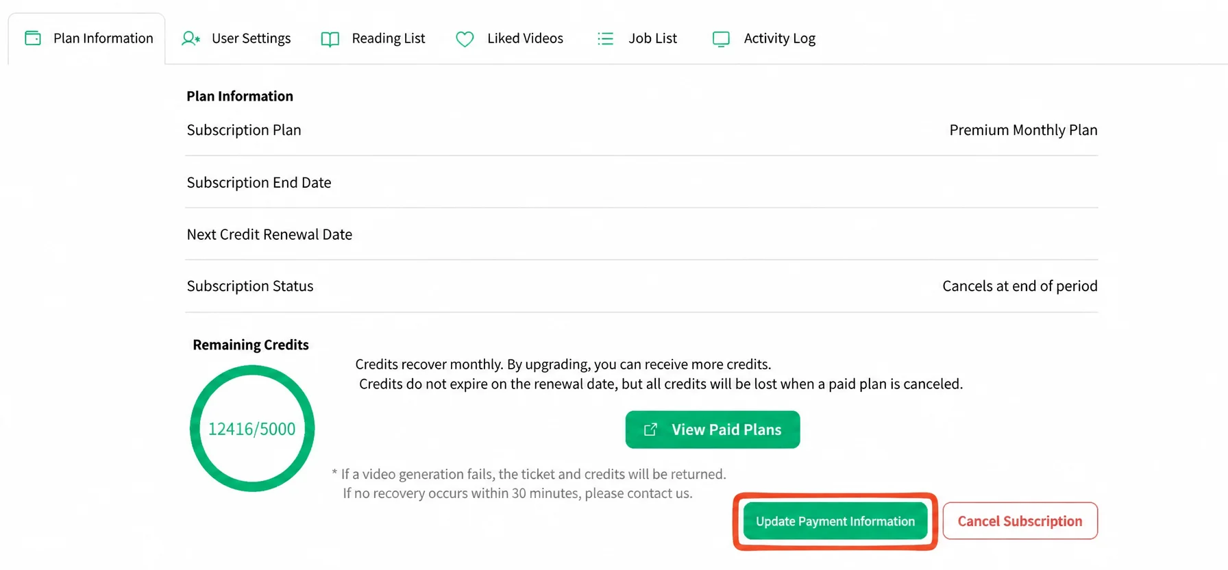 NoLang My Page Plan Information tab with the Update Payment Information button highlighted