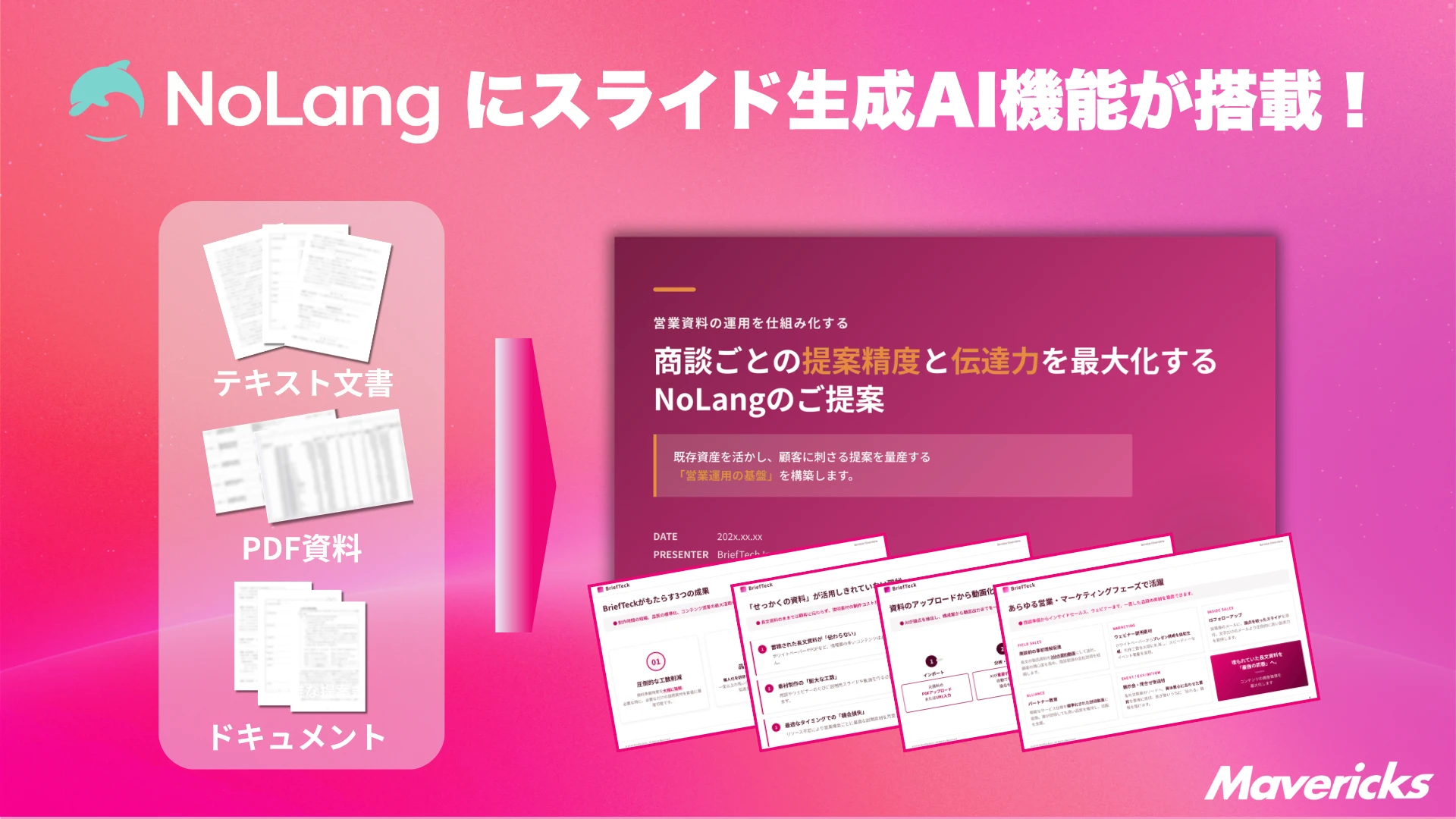 動画生成AI「NoLang」のスライド生成機能の搭載を伝えるキービジュアル