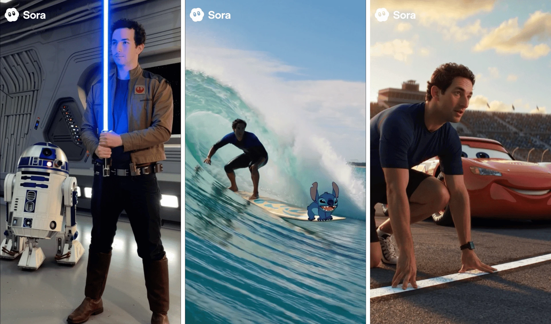 Three Sora-generated clips showing Disney characters: R2-D2, Stitch surfing, and Lightning McQueen