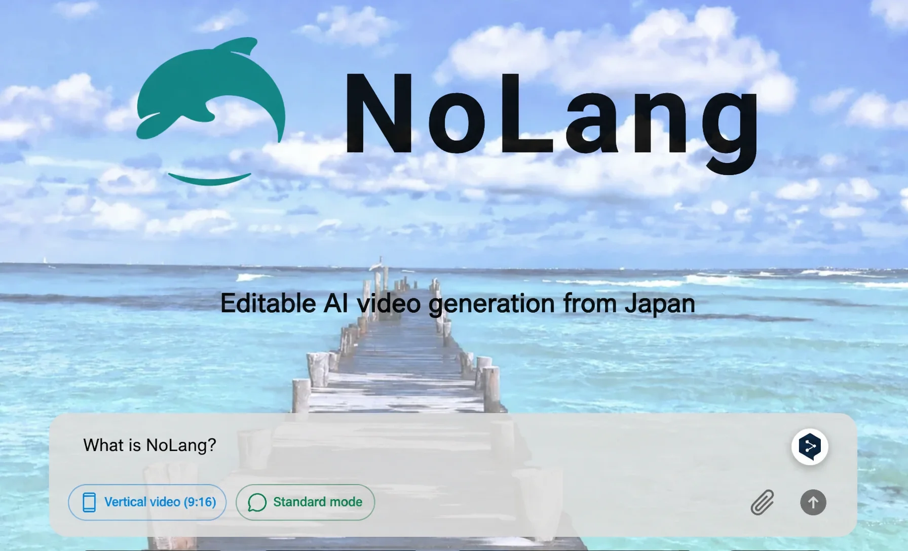 NoLang logo over a seaside photo, with a chat box showing Vertical Video (9:16) and Normal mode buttons
