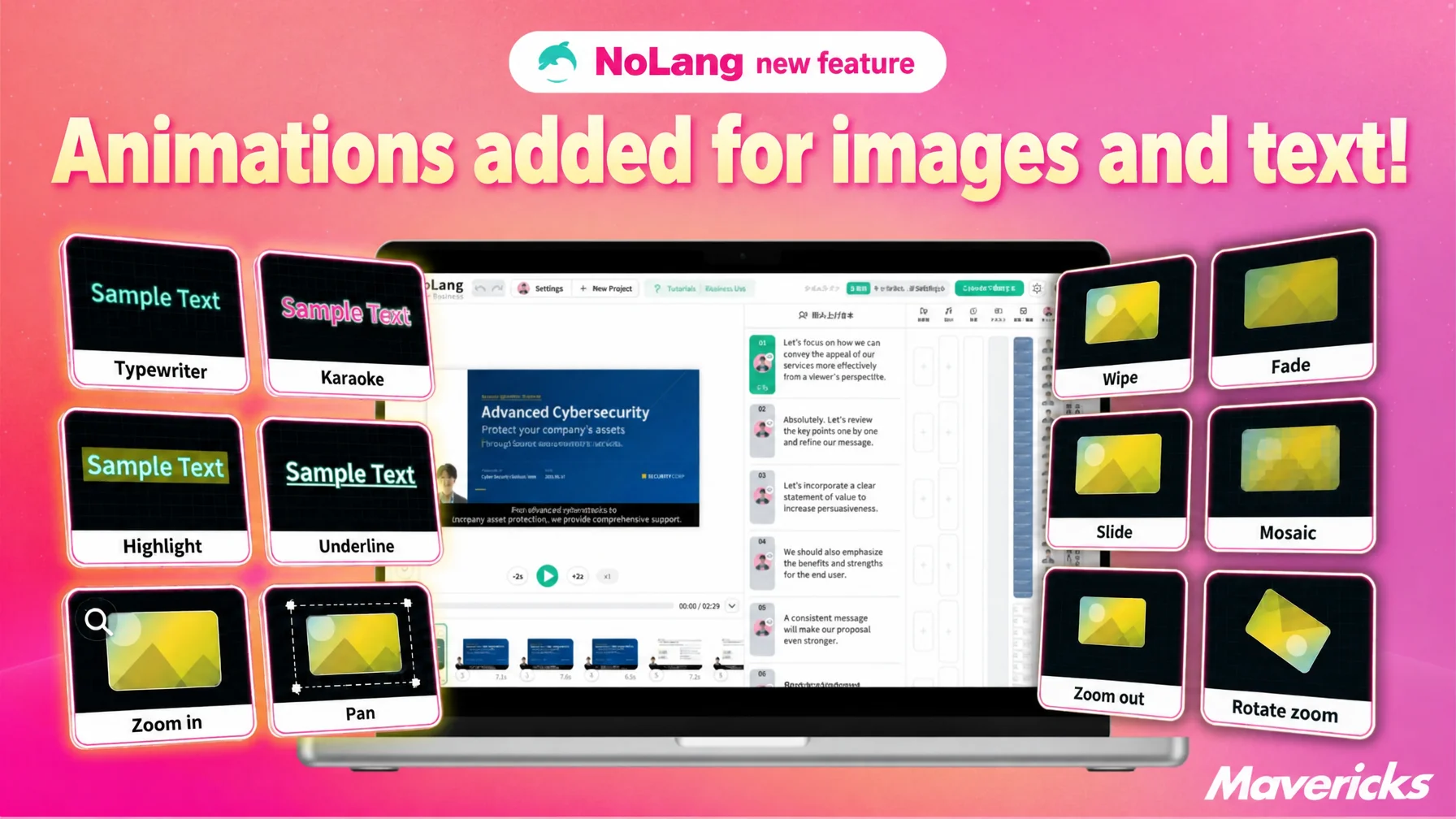 NoLang editor screen surrounded by samples of the animation presets added for images and text